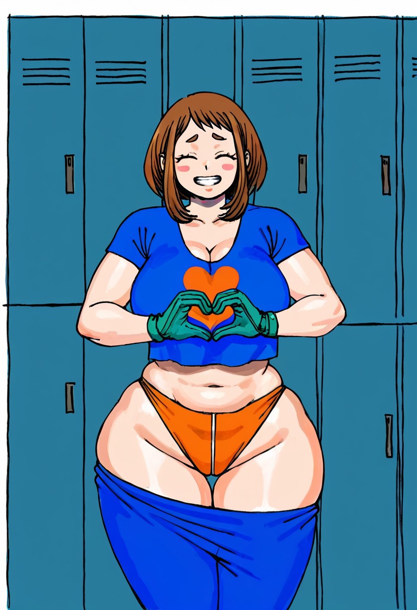 1girls ai_generated brown_hair cleavage closed_eyes crop_top facing_viewer female_only heart_hands hi_res hourglass_figure huge_breasts light-skinned_female light_skin locker_room my_hero_academia ochako_uraraka pants_down pants_pull plump posing slightly_chubby solo tank_top thick_thighs thigh_gap underwear wide_hips