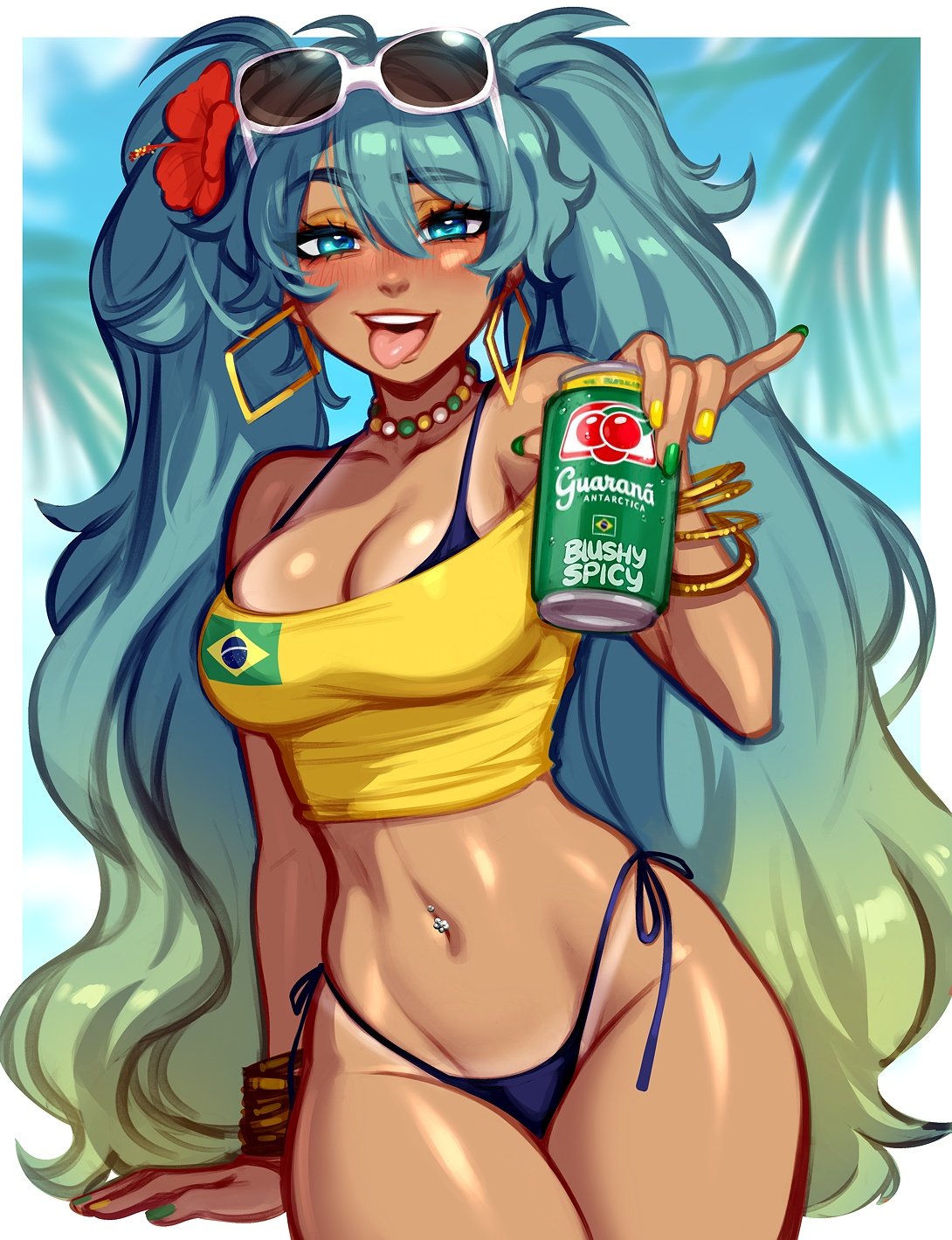1girl, 1girls, aqua hair, ass, beer can, big ass, big thighs, bikini, bikini tan, black bikini, blue eyes, blush, blushypixy, blushyspicy, bracelet, brazil, brazilian, brazilian female, brazilian miku, breasts, can, cleavage, cowboy shot, crop top, cropped shirt, cyan eyes, cyan hair, dark skin, dark-skinned female, day, earrings, eyewear on head, female, female only, flower, gradient hair, green hair, green nails, gyaru, hair between eyes, hair flower, hair ornament, hatsune miku, hibiscus, highleg, highleg bikini, holding, hoop earrings, jewelry, large breasts, latin american hatsune miku (meme), long hair, looking at viewer, medium breasts, multicolored hair, nail polish, navel, navel piercing, necklace, off shoulder, off-shoulder shirt, open mouth, outdoors, piercing, pinky out, shiny skin, shirt, side-tie bikini bottom, sky, smile, solo, sunglasses, swimsuit, tan, tan body, tanlines, thick hips, thick thighs, thighs, thighs together, thong, tongue, tongue out, twintails, very long hair, vocaloid, yellow shirt