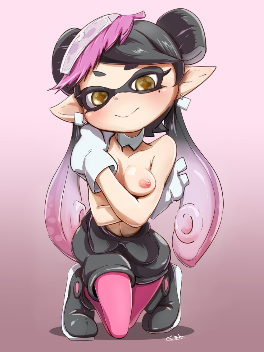 anthro, beauty mark, black hair, blush, breasts, callie (splatoon), cephalopod, cephalopod humanoid, detached collar, earrings, female, gloves, humanoid, inkling, looking at viewer, mask (marking), nintendo, nipples, pointy ears, smooth skin, solo, splatoon, squid, squid sisters, tentacle, tentacle hair, topless, yellow eyes