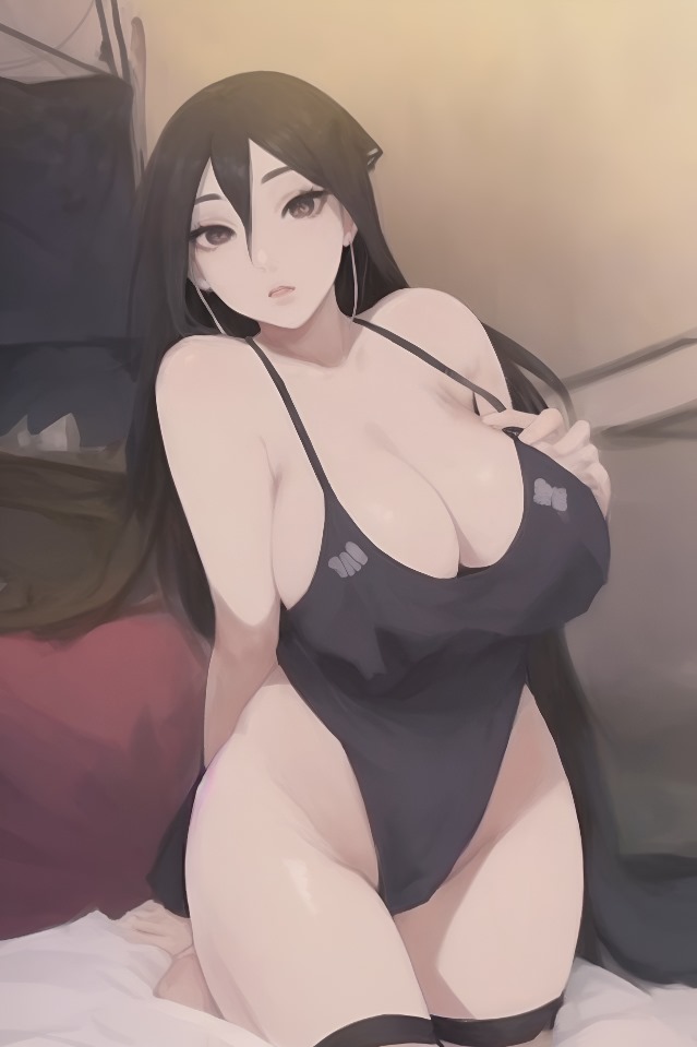 1girls big_breasts kneeling_on_bed long_hair looking_at_viewer naruto naruto_(classic) one-piece_swimsuit original_character solo solo_focus uchiha_kiyomi wide_hips