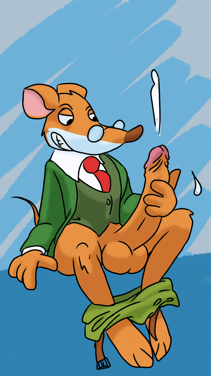 anthro big_penis bottomwear bottomwear_down brown_body brown_fur causticutie clothed clothing ejaculation eyewear fur genitals geronimo_stilton geronimo_stilton_(series) glasses grin hi_res looking_at_genitalia looking_at_penis looking_at_self male mammal masturbation mouse murid murine pants pants_around_ankles pants_down partially_clothed penis pink_inner_ear rodent smile solo suit