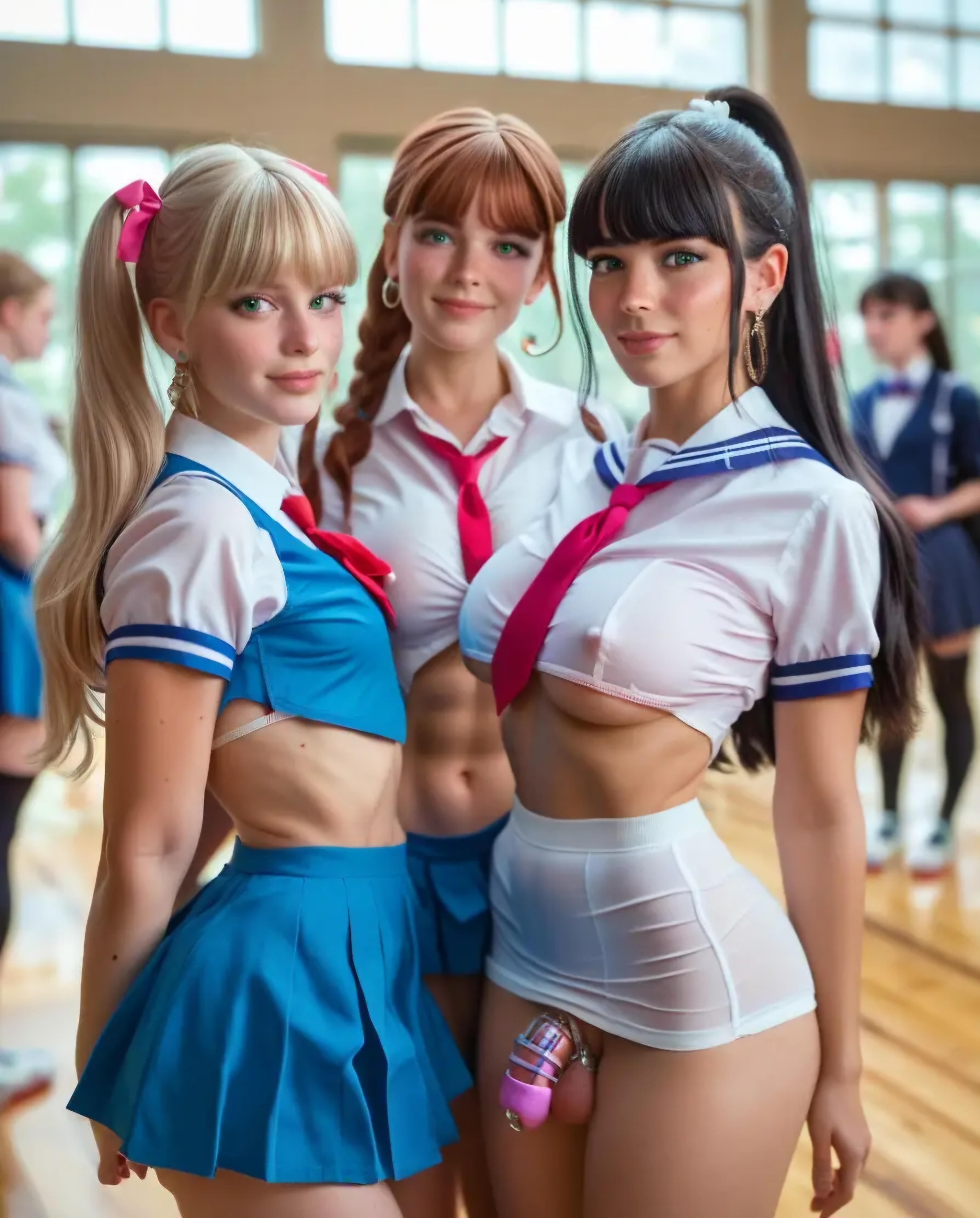 3d, ai generated, big breasts, breasts, chastity device, femboy, futanari, intersex, looking at viewer, male, pale-skinned futa, realistic, sissy, small breasts, smiling at viewer