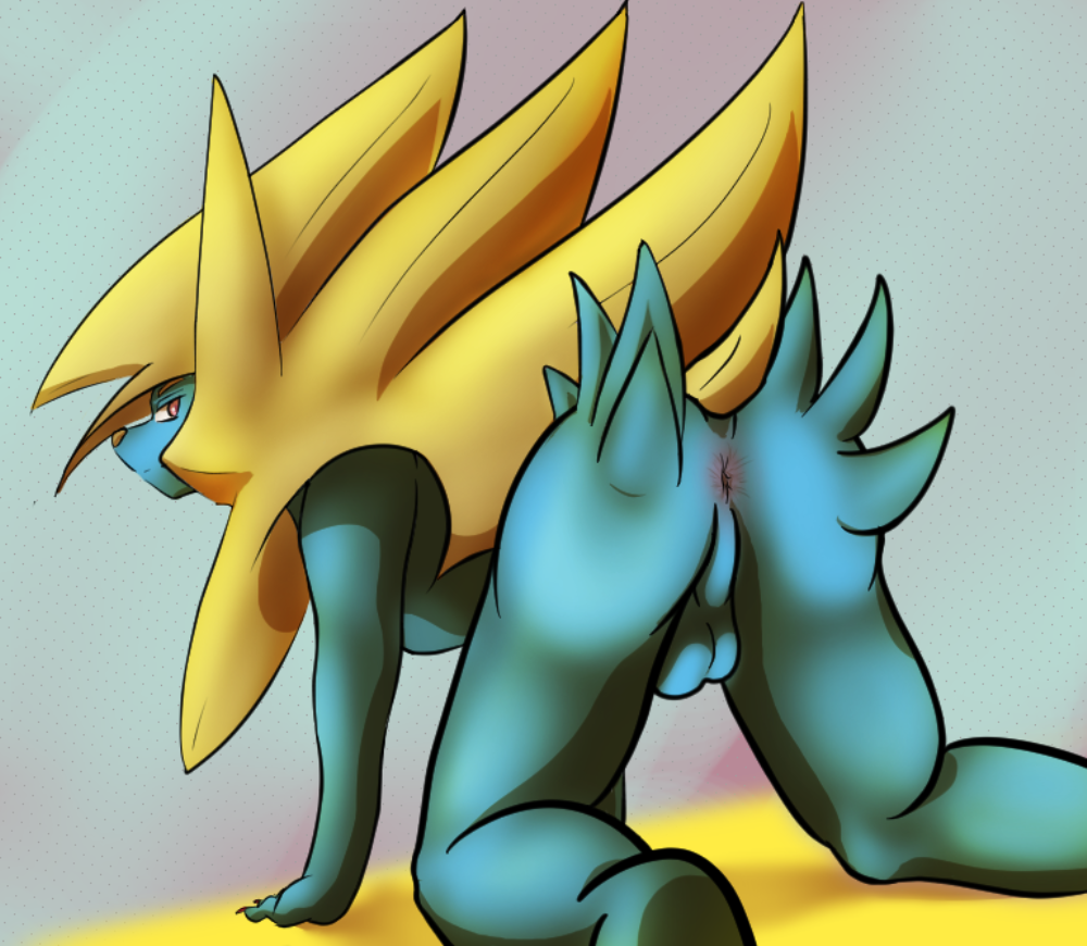 1boy all_fours anthro anthrofied anus ass backsack balls blue_fur canine fur furry looking_back male male_only mammal manectric mega_evolution mega_manectric nintendo nude perineum pink_eyes pokemon presenting presenting_hindquarters rear_view sagorashi simple_background solo yellow_fur