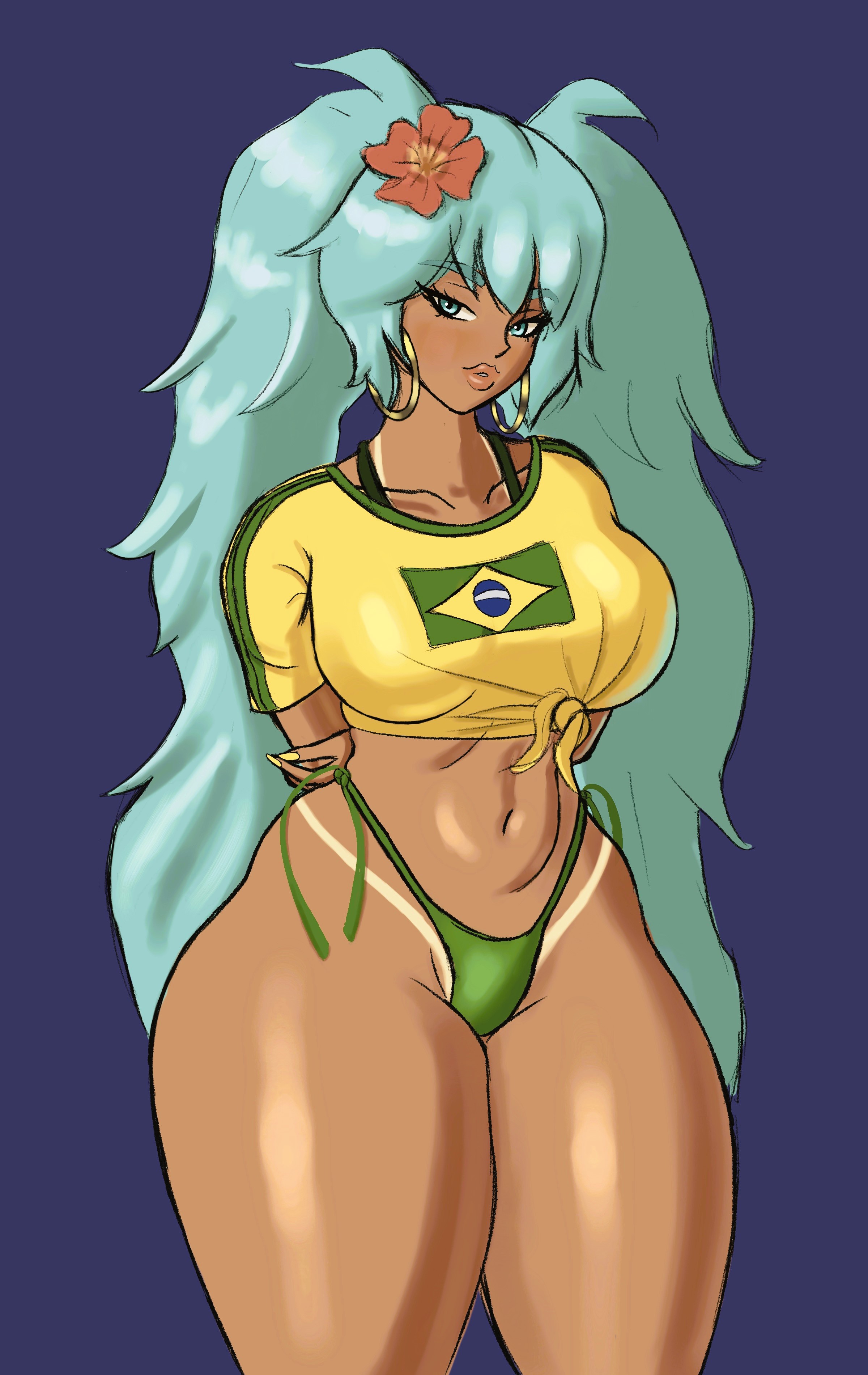 1girl, 1girls, aqua hair, arms behind back, belly button, bikini, bikini bottom, bikini bottom only, blue background, brazil, brazilian, brazilian female, brazilian miku, breasts, crop top, curvy, dark skin, dark-skinned female, earrings, female, female only, flower, green hair, hair flower, hair ornament, hatsune miku, hibiscus, highleg, hoop earrings, jewelry, kanguru, large breasts, latin american hatsune miku (meme), lips, long hair, looking at viewer, midriff, nail polish, navel, shirt, side-tie bikini bottom, solo, swimsuit, tan, tan skin, tan-skinned female, tanlines, thick thighs, thighs, tied shirt, twintails, very long hair, vocaloid, wide hips