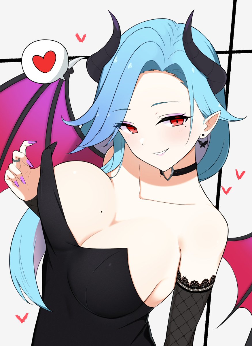 artist_request blue_hair breasts cola_senami demon_girl demon_horns demon_wings pointy_ears red_eyes seductive_look succubus virtual_youtuber vtuber