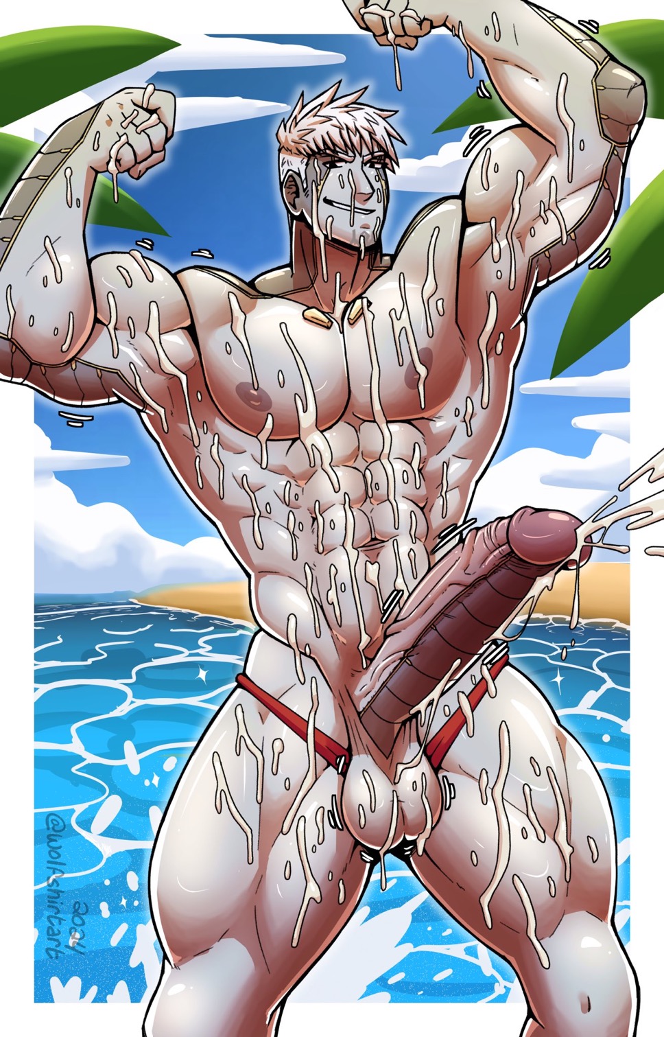 1boy abs almost_naked beach big_balls big_muscles big_pecs big_penis big_thighs boner cum cum_everywhere cum_on_face cum_on_pectorals cum_on_penis cum_on_thighs cum_on_upper_body cumming cumming_while_flexing cumshot ejaculation erect_nipples erection gay hands-free handsfree_ejaculation lanz_(xenoblade) male_only muscles muscular_male naked nipples orgasm semen smile smiling smiling_at_viewer solo solo_male thong veiny_penis water wolfshirtart