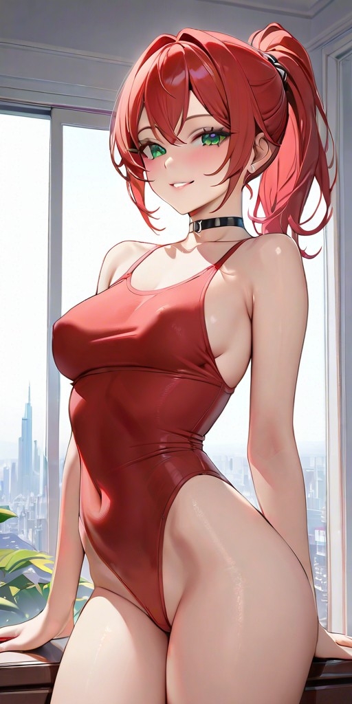 1girls ai_generated alluring arm_support bare_legs bare_shoulders bare_thighs blush choker city city_background commentary_request female female_focus female_only girl green_eyes hair hair_between_eyes high_ponytail horny leotard lia_the_busty_redhead long_hair long_hair_female looking_at_viewer lust nipples nipples_visible_through_clothing original original_character pelvic_line petite ponytail red_clothing red_hair red_leotard seductive seductive_smile self_upload sideboob slender slender_body slim slim_girl small_breasts smile solo solo_female solo_focus tagme thighs tight_clothing tight_fit young younger_female