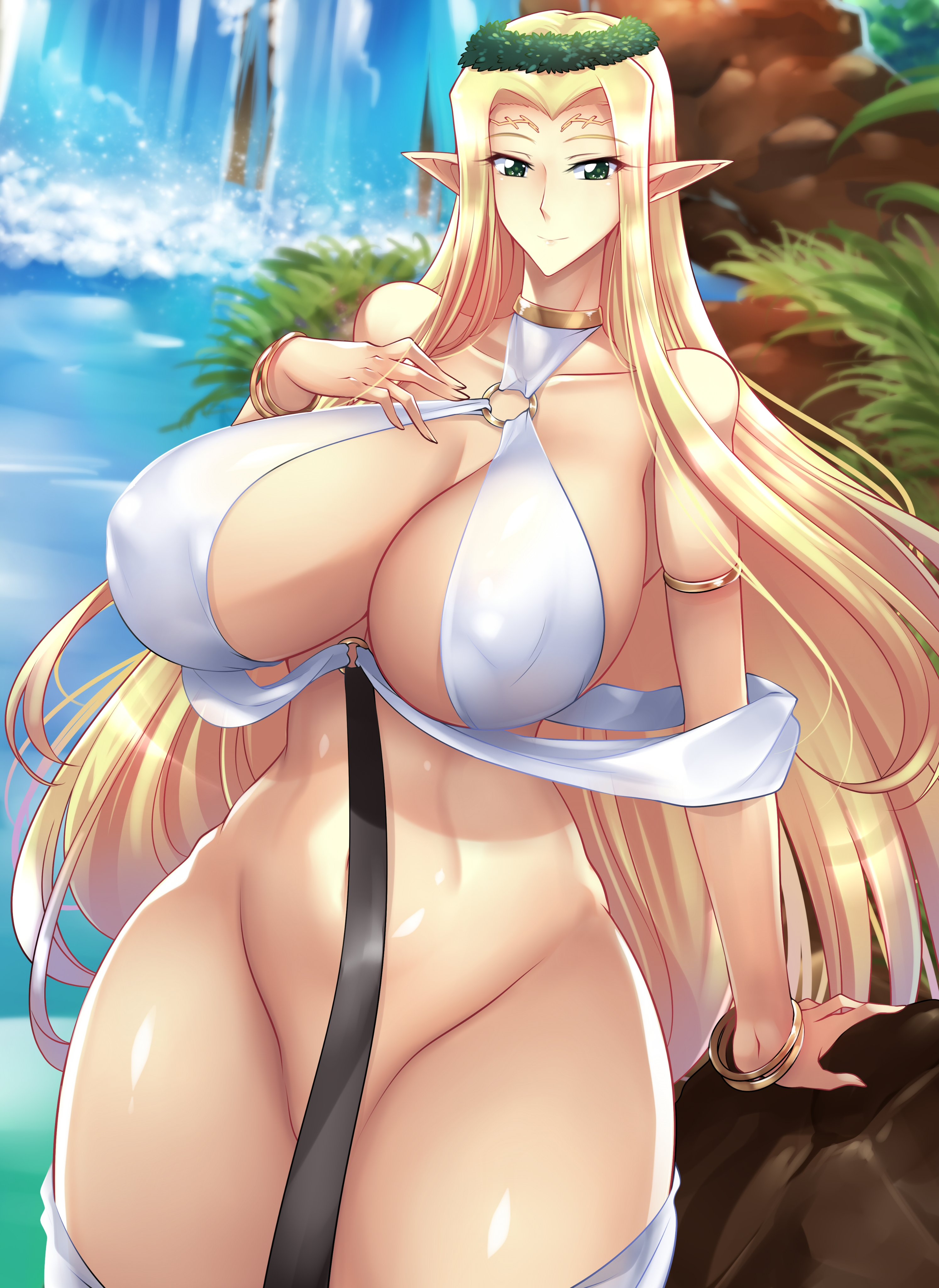1girls, blonde hair, breasts, celestine lucross, elf, female, haganef, high elf, high resolution, huge breasts, kuroinu ~kedakaki seijo wa hakudaku ni somaru~, large breasts, long hair, skimpy clothes, solo, solo female, very high resolution, waterfall