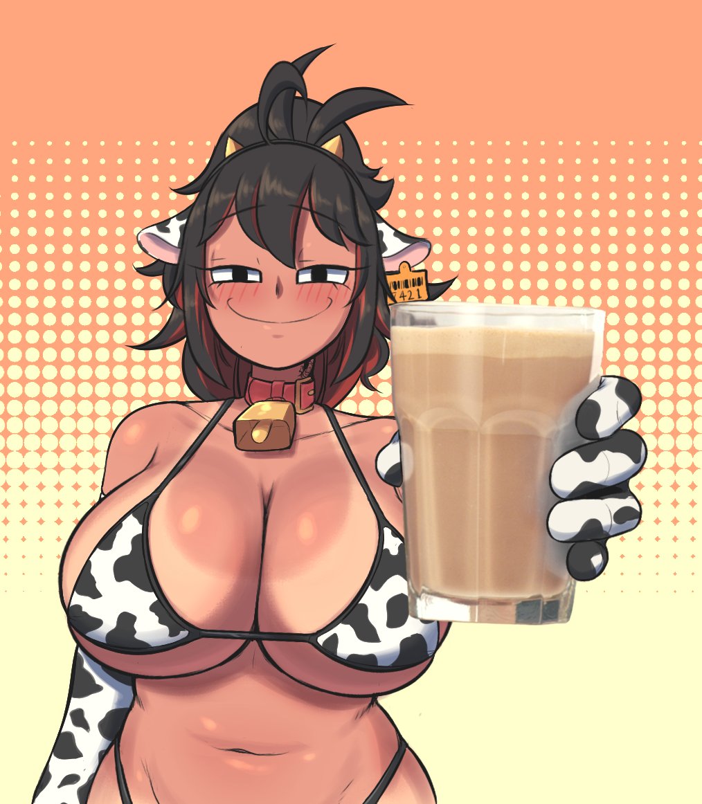 1female 1girls bell big_breasts choccy_milk chocolate_milk cow_print cow_print_armwear cow_print_bra cowbell female female_only littlej_(zi19191) milo_(drink) nestle quieres? sole_female tagme tan_lines twitter_link