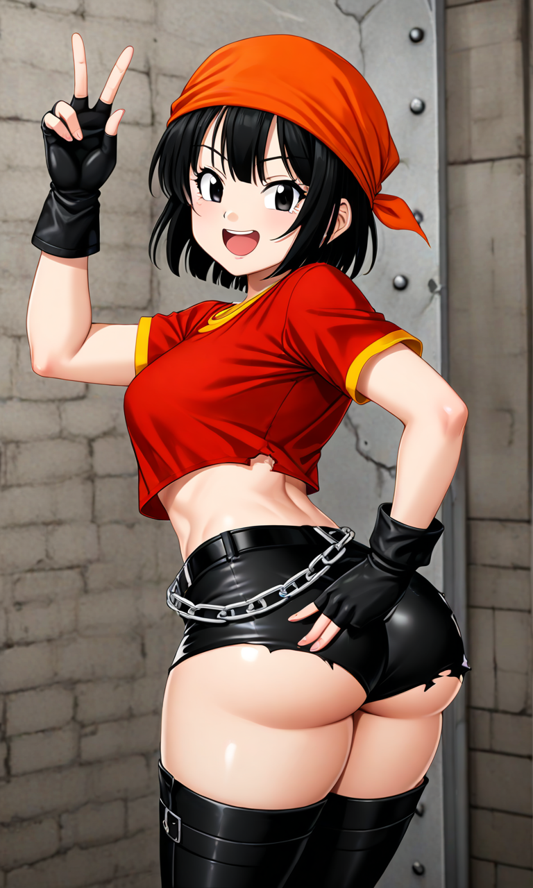 ass crop dragon_ball_gt fingerless_gloves miniskirt pan pan_(dragon_ball) top