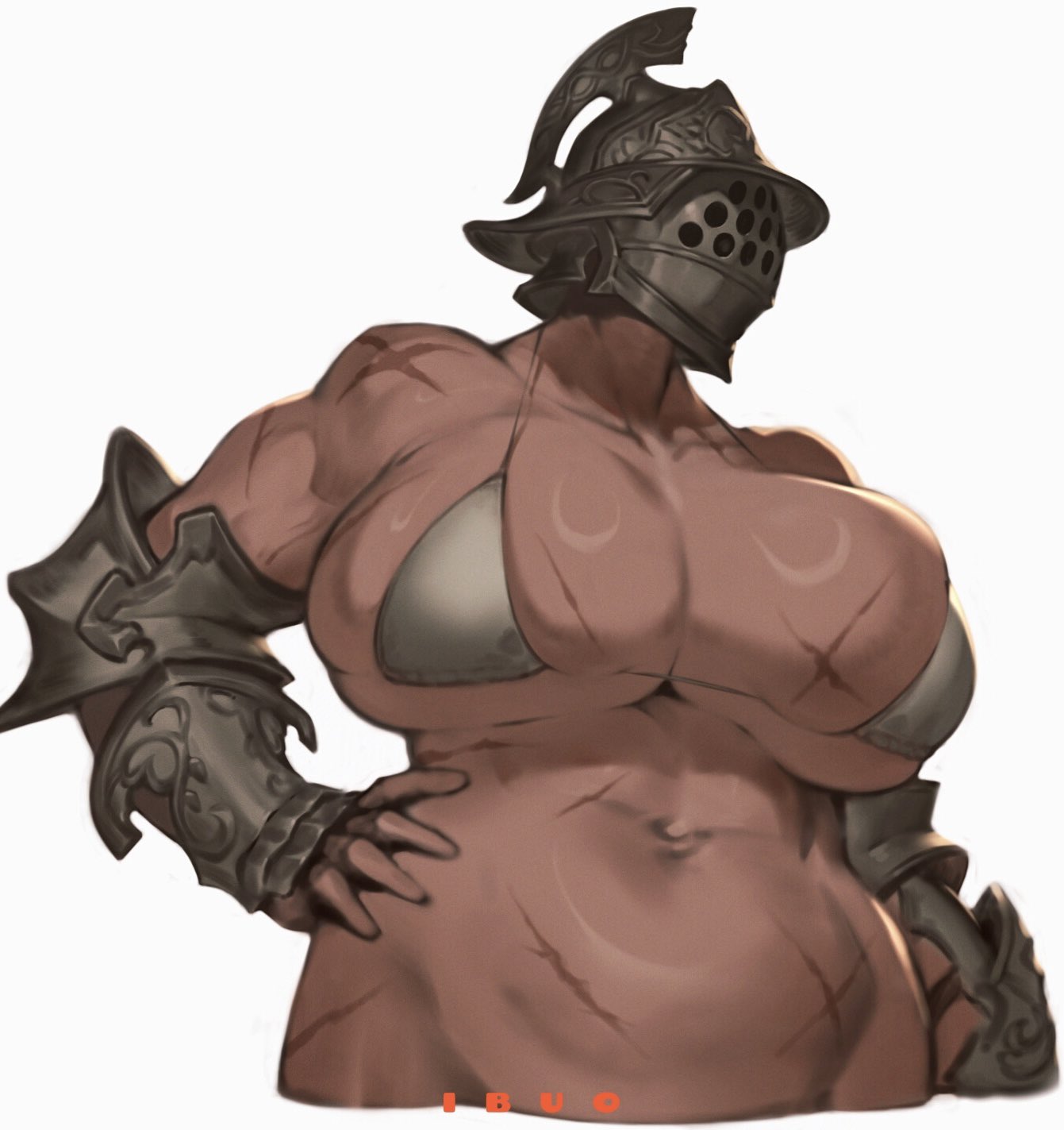 1girls armor big_breasts helmet huge_breasts ibuo muscular_arms scar