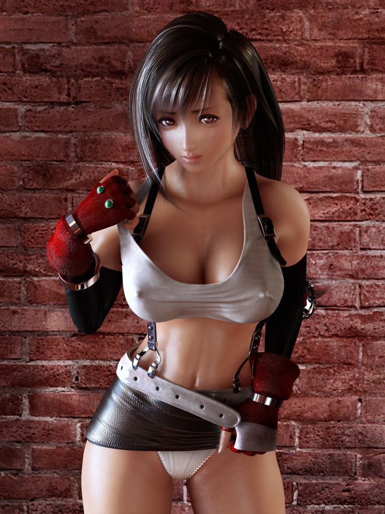 1girls, 3d, bare shoulders, belt, black hair, breasts, erect nipples, female, female only, final fantasy, final fantasy vii, gloves, incise soul, large breasts, lipstick, long hair, looking at viewer, m-rs, miniskirt, nipples, panties, picot trim, picot trim panties, red eyes, red gloves, shiny skin, solo, stomach, tifa lockhart, undressing, white panties