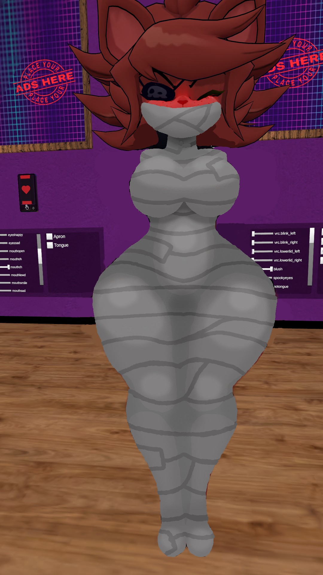 bondage cally3d cosplay cryptiacurves drawover embarrassed female fexa fredina's_nightclub furry manygeesen_edits mummification pose vrchat vrchat_model