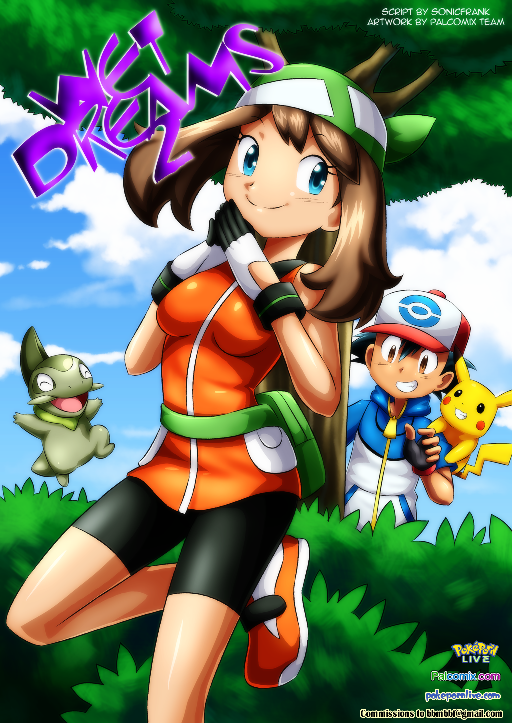 1boy 1girls axew bandana bike_shorts black_hair blue_eyes breasts brown_eyes brown_hair clothed eyelashes female forest furry gloves hat human human_only interspecies leg_up looking_back male may_(pokemon) may_(pokemon_emerald) nintendo pikachu pokemon satoshi_(pokemon) shoes short_hair smile text