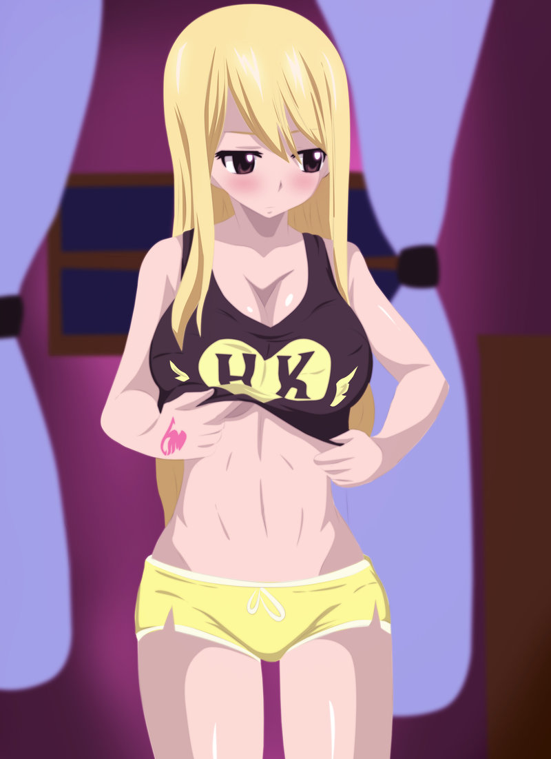 1girls 5_fingers bare_shoulders big_breasts blonde_hair blush breasts brown_eyes eyebrows eyelashes fairy_tail female female_only hands huge_breasts human kunaixx large_breasts long_hair looking_away lucy_heartfilia pants shiny shiny_skin shy solo standing stomach tattoo