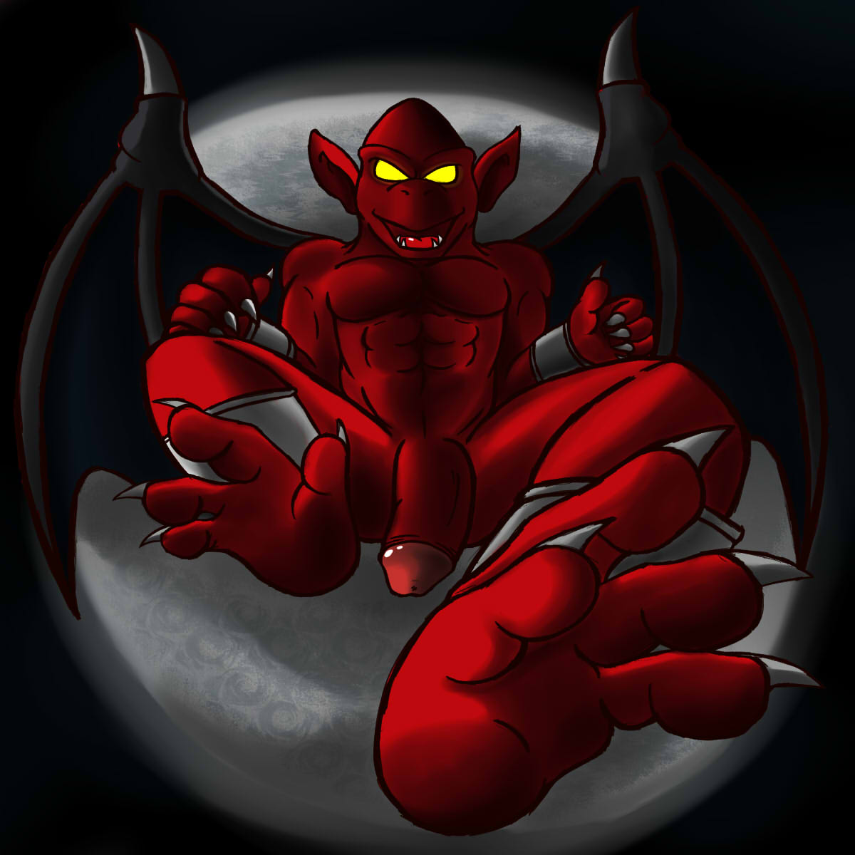 1boy anthro barefoot capcom demon demon's_crest feet firebrand flaccid foot_focus humanoid_penis male male_only moon nude penis pov red_arremer seamaster solo video_games wings