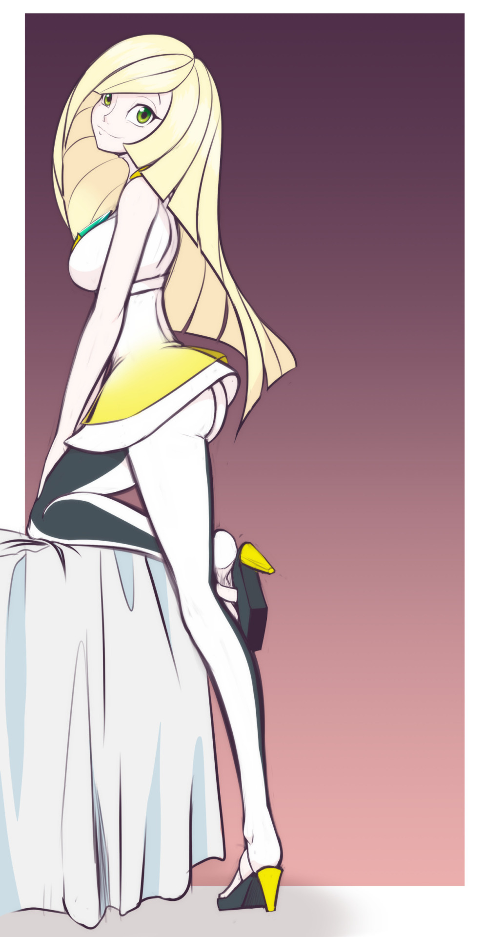 1girls, aether foundation, ass, back, bed, blonde hair, breasts, dress, female, game freak, green eyes, high heels, human, leg up, light skin, light-skinned female, long hair, long legs, looking at viewer, lusamine (pokemon), nintendo, pale skin, pale-skinned female, pantyhose, pokemon, pokemon sm, scorpdk, skin tight, smile, solo, standing, tall, upskirt, white border