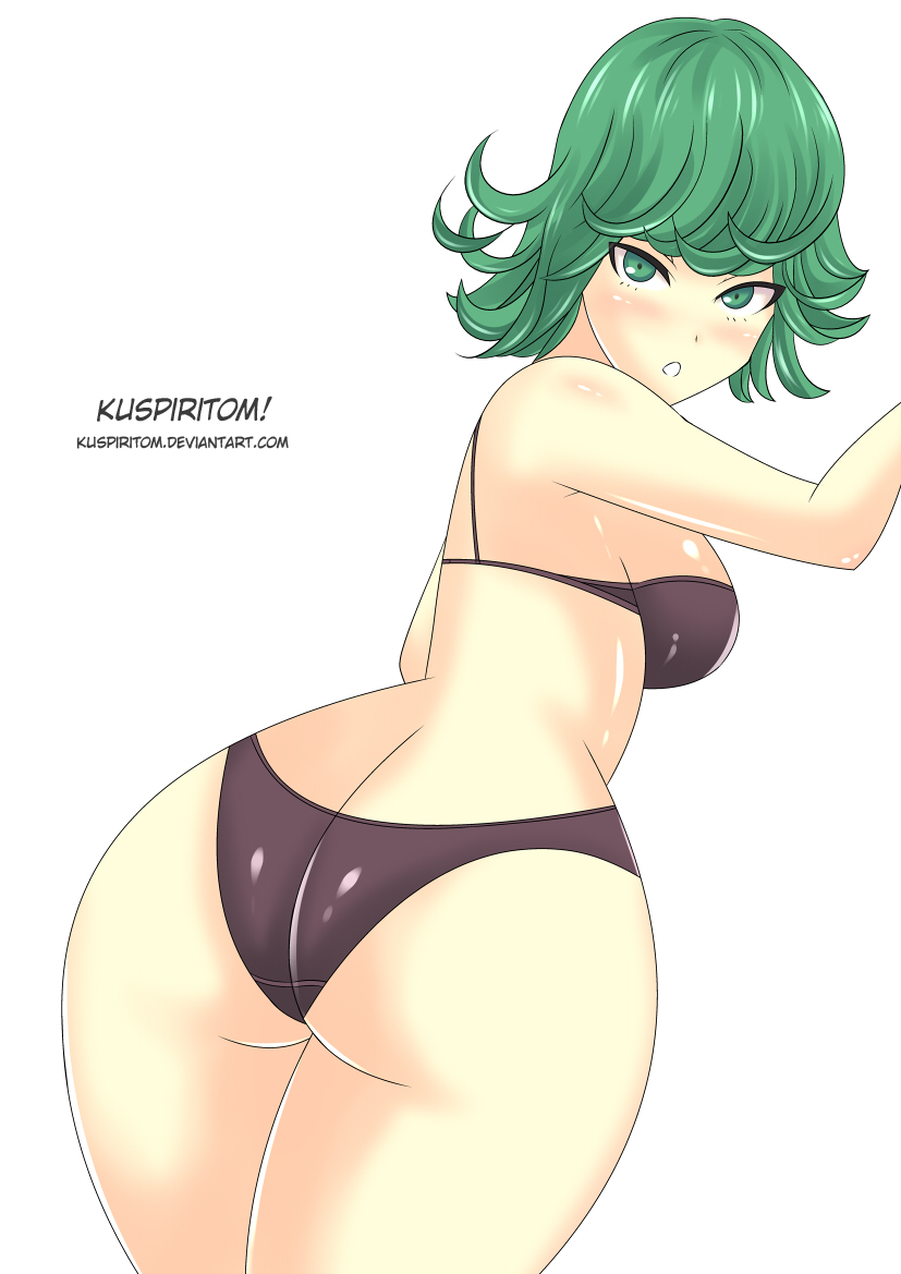 1girls, ass, back view, bikini, black bikini, blush, female, green eyes, green hair, kuspiritom, looking back, one-punch man, open mouth, short hair, solo, tatsumaki, thick thighs, thin waist, wide hips