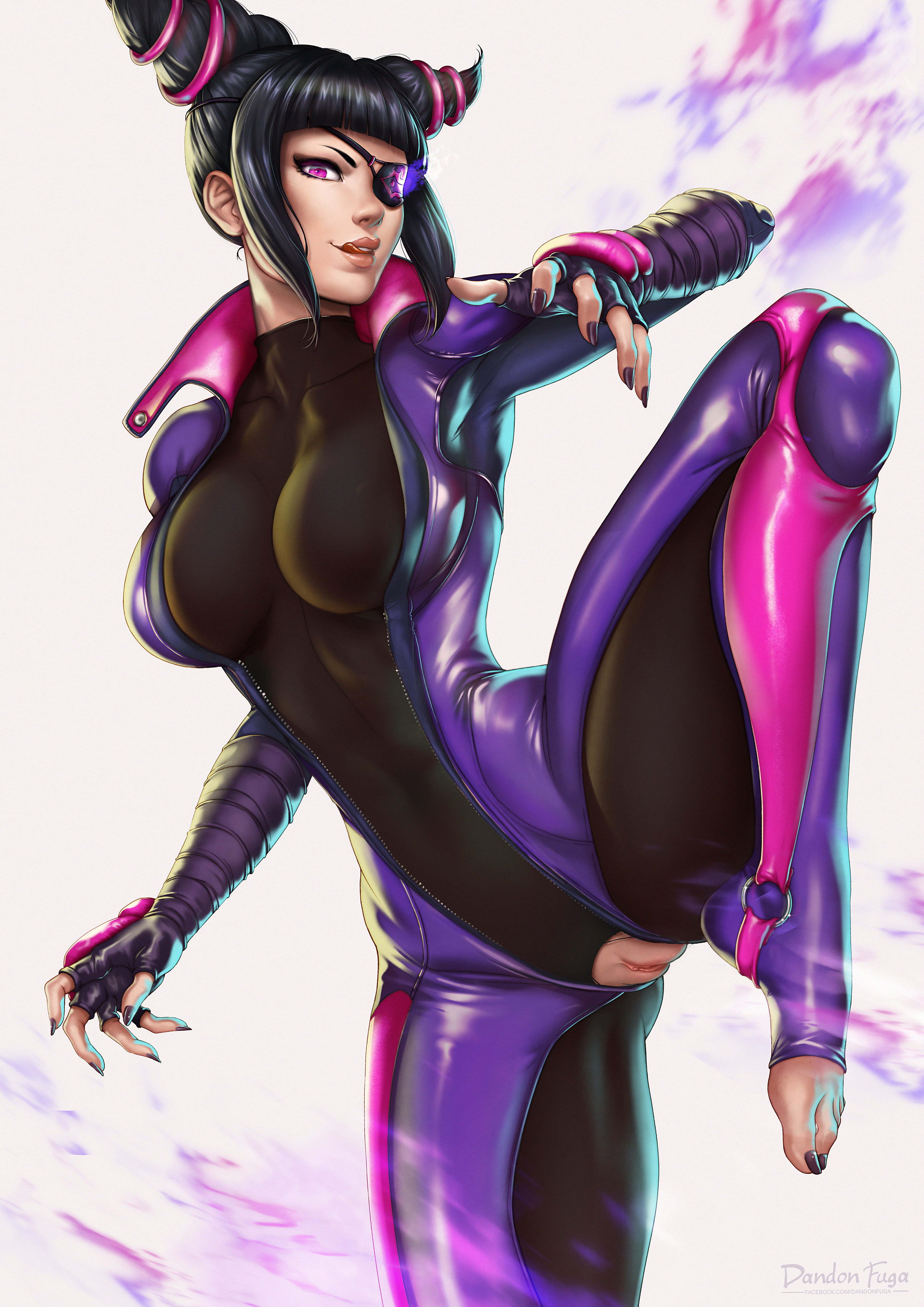 :p, barefoot, black hair, bodysuit, breasts, capcom, dandon fuga, drill hair, eye patch, feet, female, female only, fighting stance, juri han, large breasts, legs, leotard, lipstick, long hair, looking at viewer, nail polish, nipples, open clothes, pink eyes, pussy, shiny skin, solo, spread legs, stomach, street fighter, street fighter v, thighs, toes, tongue, tongue out, unzipped, vagina