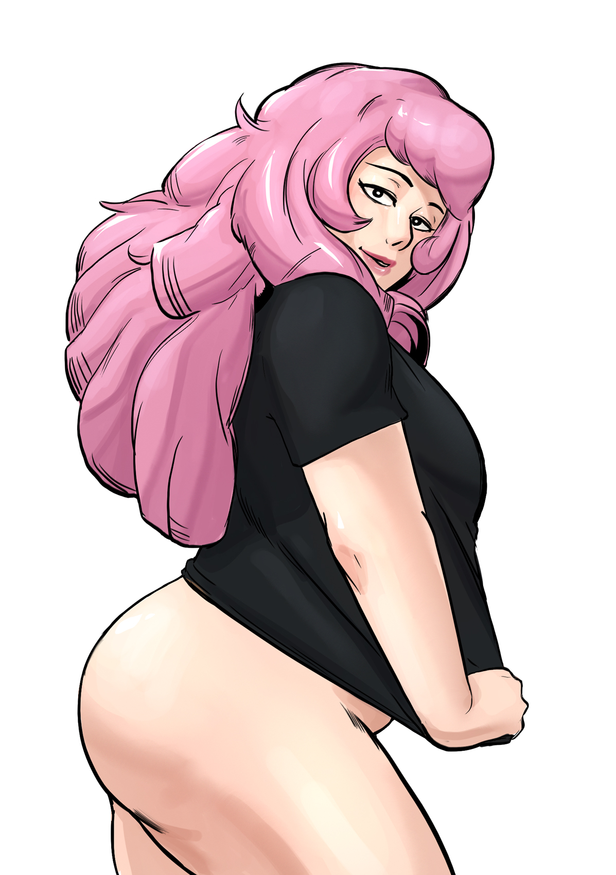 1girls, ass, bottomless, breasts, female, female only, gem (species), milf, naavs, pink hair, plump, rose quartz (steven universe), sideboob, smile, solo, steven universe, t-shirt