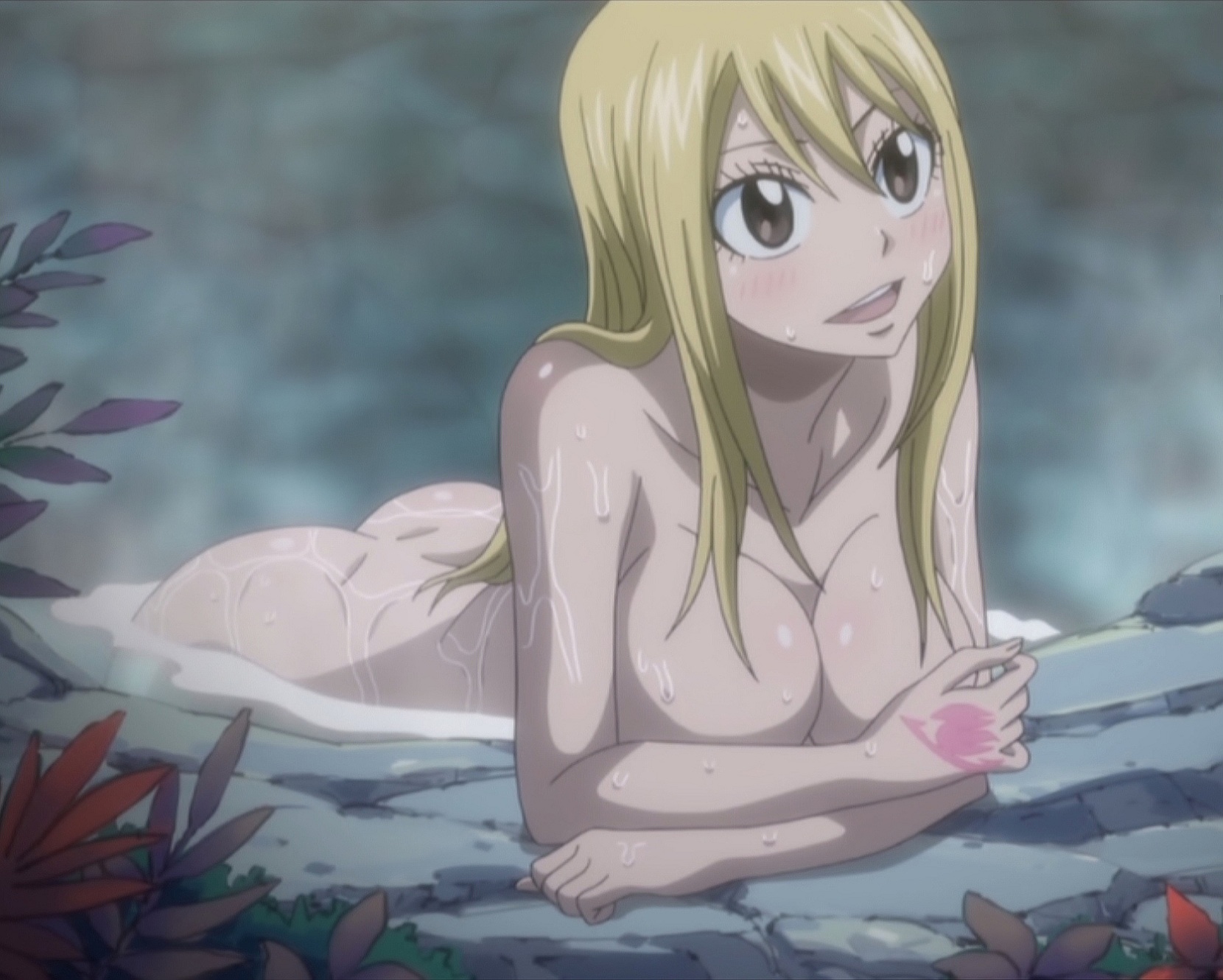 1girls, anime screencap, ass, bare shoulders, blonde hair, blonde-haired female, blush, breasts, brown eyes, casual nudity, fairy tail, fairy tail mark, female, female only, hand tattoo, large breasts, long hair, looking away, lucy heartfilia, nude, nude female, open mouth, pink tattoo, screencap, screenshot, shoulders, solo, sweat, tattoo, tattoo on hand, tattooed hand, water, wet