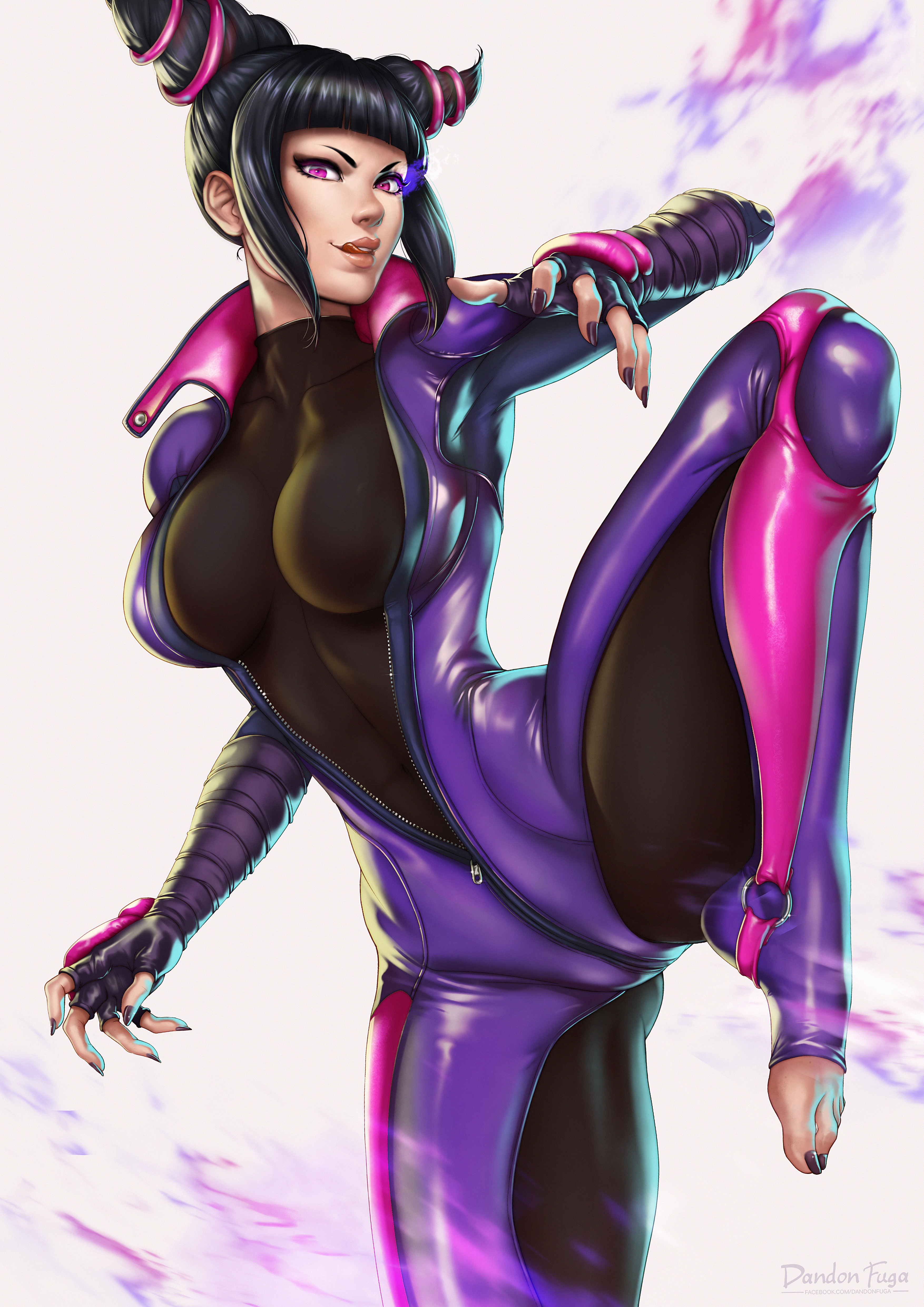 absurdres, bangs, black hair, bodysuit, breasts, capcom, clothed, curvy, dandon fuga, drill hair, feet, female, female only, fighting stance, fingerless gloves, gloves, glowing eye, highres, human, juri han, large breasts, licking lips, lipstick, long hair, looking at viewer, nail polish, pink eyes, pinup, purple nails, sidelocks, signature, solo, spread legs, street fighter, street fighter v, thick thighs, tight clothes, toeless legwear, toenail polish, toes, toned, tongue, tongue out, twin drills
