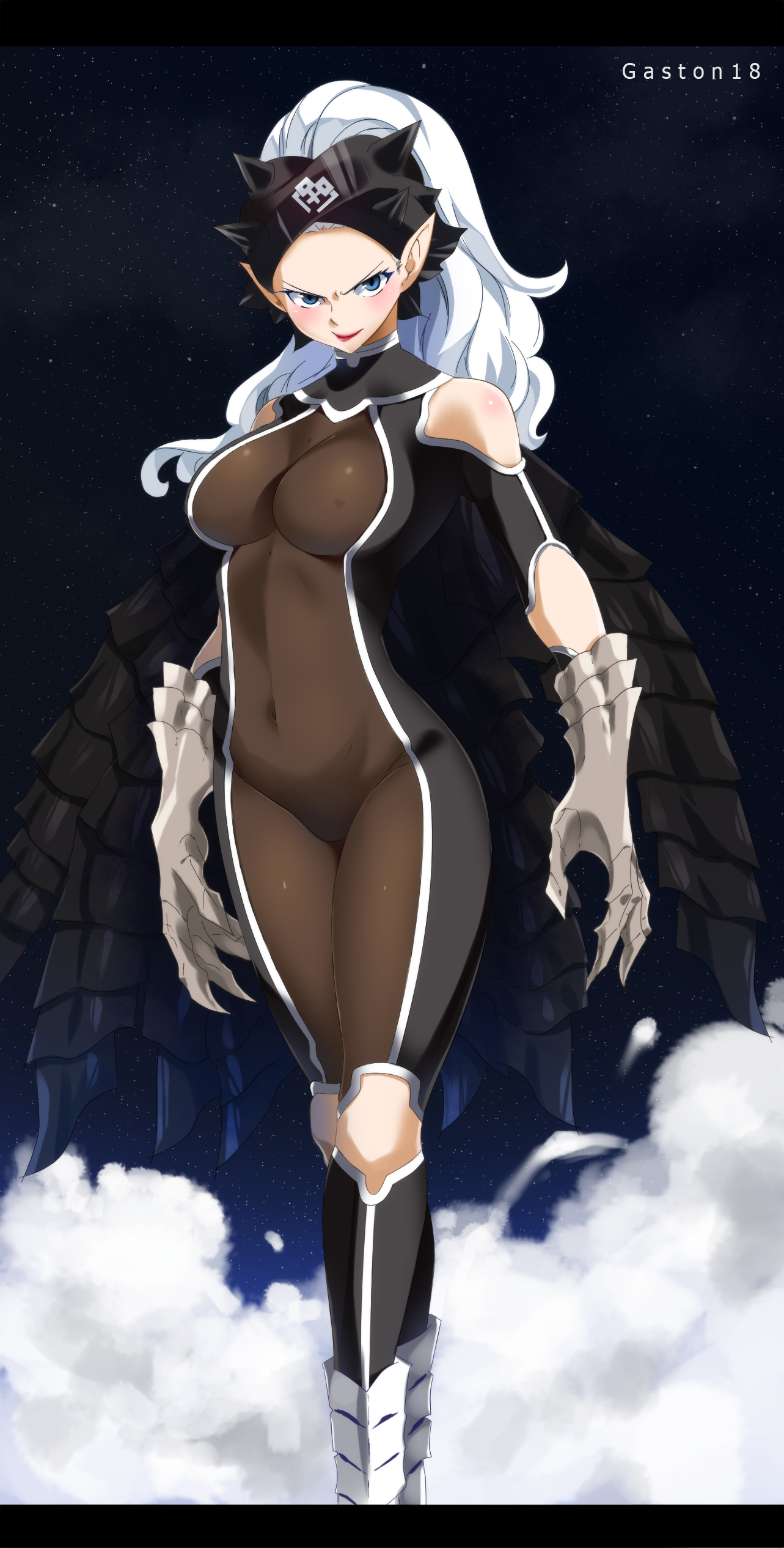 1girls, blue eyes, blush, boots, breasts, cloak, demon, demon girl, erect nipples, fairy tail, female, female only, full body, gaston18, large breasts, legs, linea alba, lipstick, long hair, looking at viewer, mirajane strauss, night, nipples, pointy ears, red lipstick, sky, stars, stomach, tartaros mark, thigh highs, white hair, white-haired female
