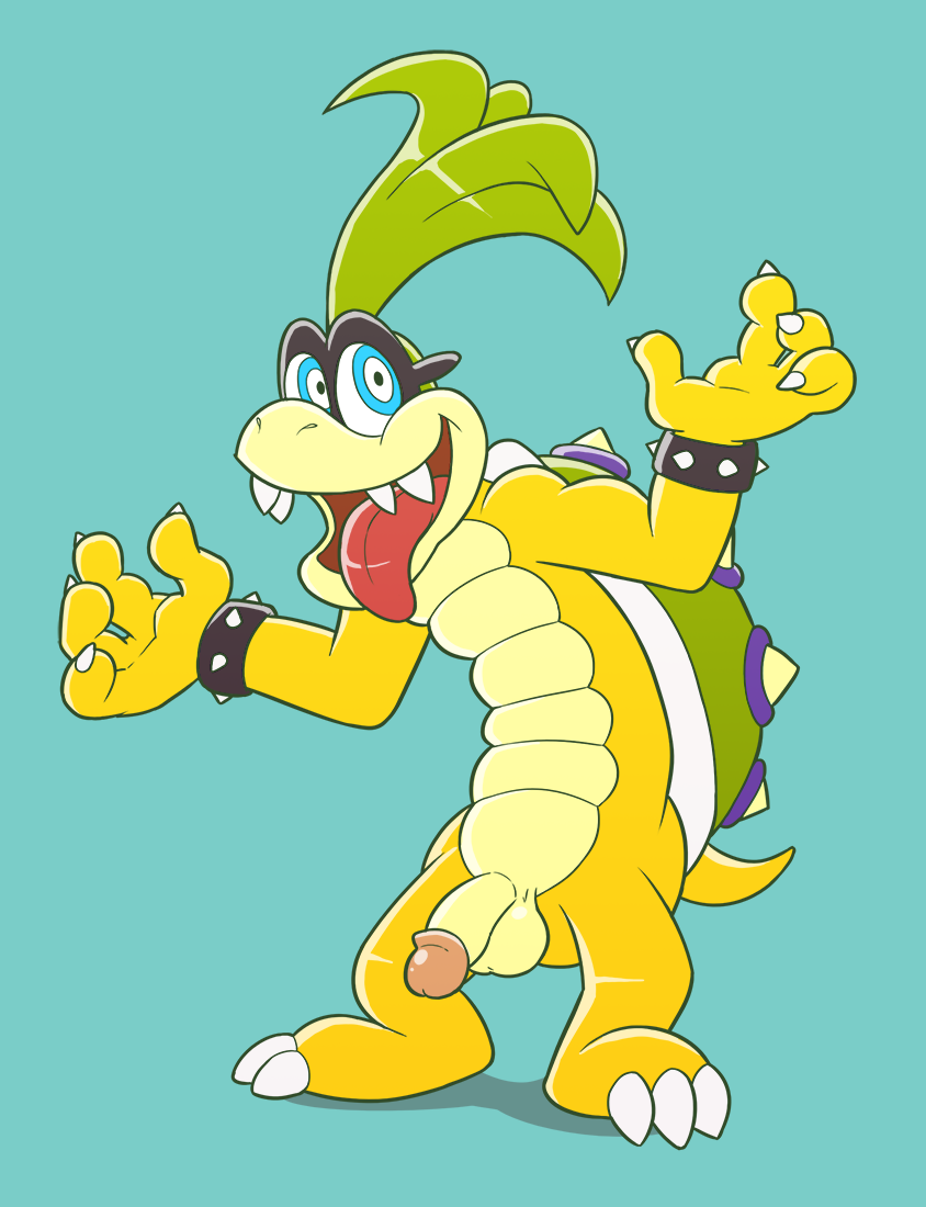 1boy 2016 anthro anti_dev balls biceps hi_res iggy_koopa koopa koopaling male male_only mario_(series) nintendo nude open_mouth penis scalie shell simple_background smile solo spikes tongue video_games