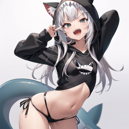 1girls, ai generated, cat ears, female, gawr gura, goth, hololive, hololive english, hololive myth, hoodie, panties, shark girl, shark tail, sharp teeth, virtual youtuber, white hair