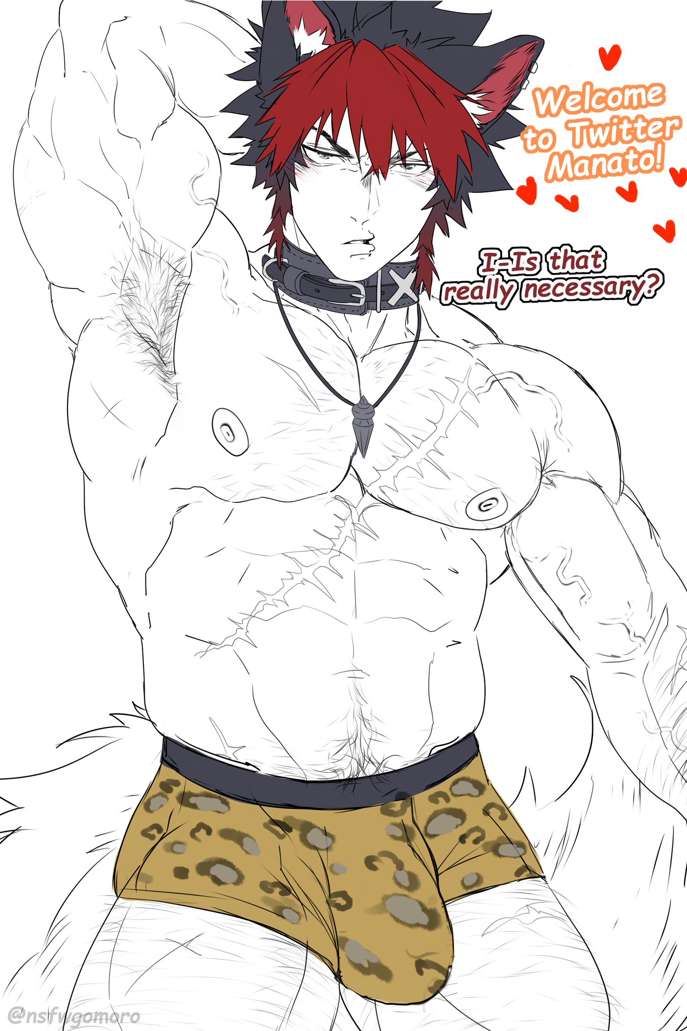 animal ears, armpit, armpit hair, armpits, balls, bara, big bulge, body hair, bulge, collar, flaccid, gomoro, hand behind head, komano manato, male, male only, monochrome, muscles, muscular, necklace, penis, scar, solo, solo male, tail, text, underwear, underwear only, yaoi, zenless zone zero