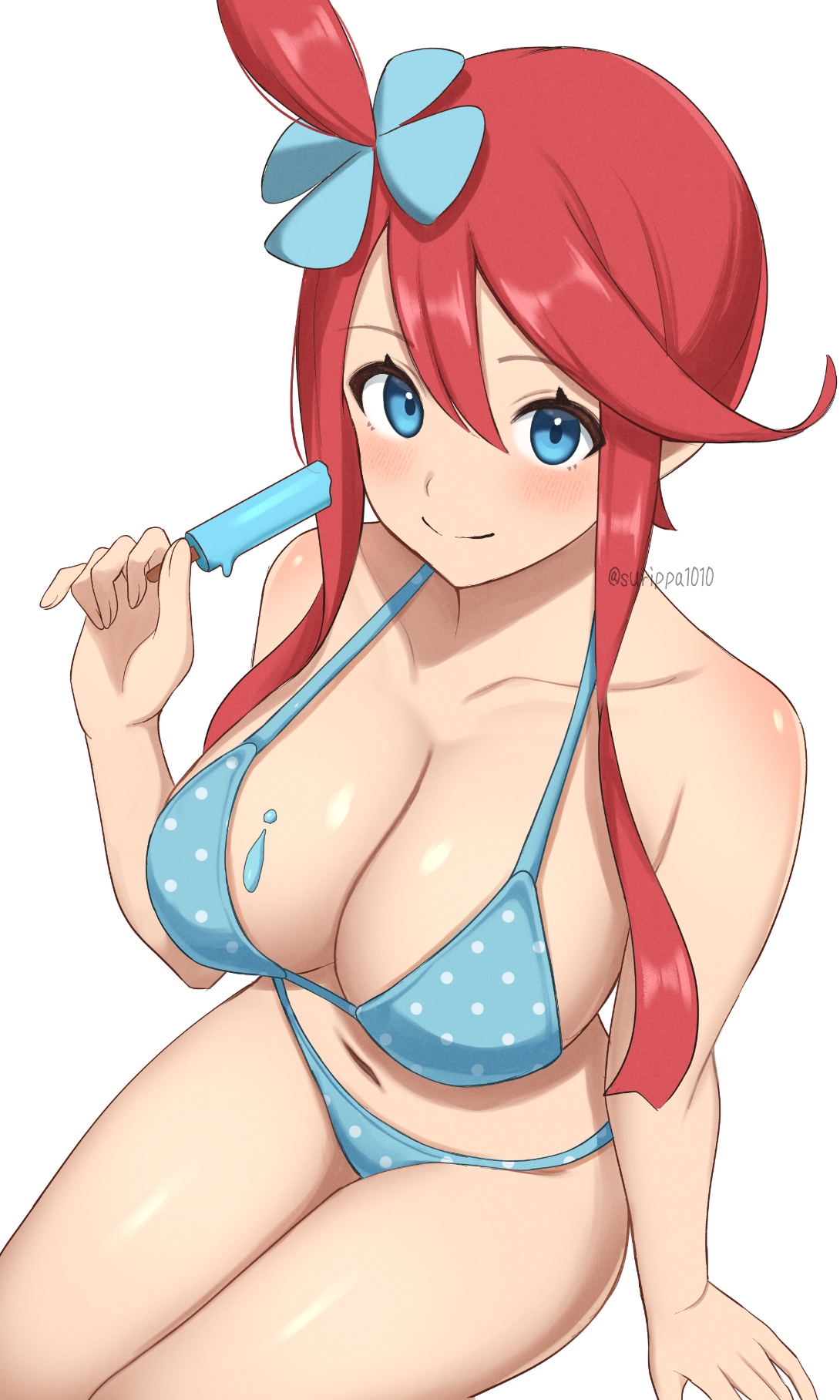 1girls, bare arms, bare belly, bare legs, bare shoulders, bare thighs, belly button, big breasts, bikini, blue bikini, blue eyes, blush, body blush, breasts, cleavage, closed mouth, collarbone, female, hair ornament, long hair, melting popsicle, pokemon, polka dot, popsicle, red hair, shiny skin, sitting, skyla (pokemon), smile, solo, surippa1010, thighs