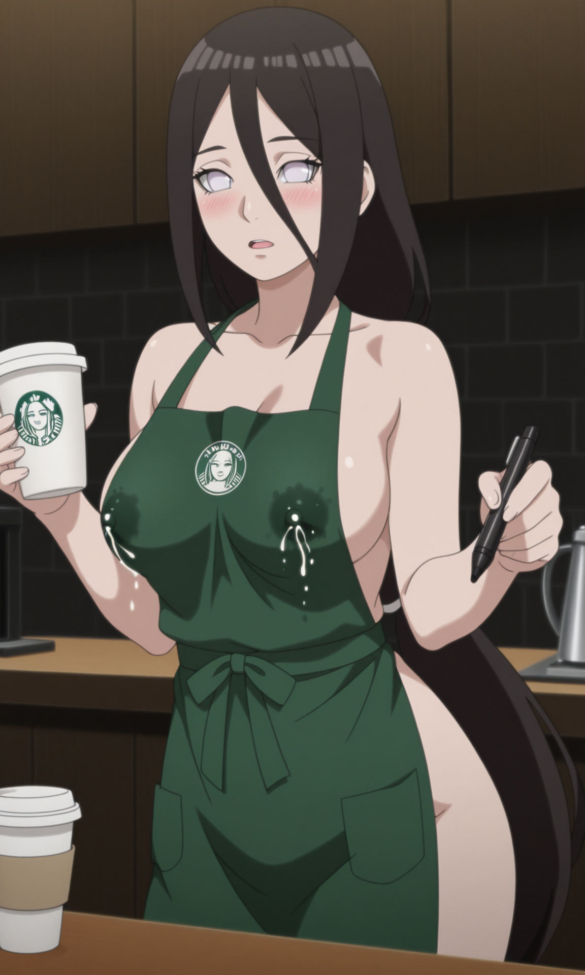 1girls, ai generated, apron, apron only, at work, bare chest, bare shoulders, bare thighs, barely clothed, barista, big breasts, blush, boruto: naruto next generations, breasts, breasts bigger than head, breasts out, brown hair, cafeteria, child bearing hips, coffee, coffee cup, commission, facing viewer, female, female only, front view, functionally nude, functionally nude female, green apron, hair between eyes, horny, horny female, hourglass figure, huge breasts, hyuuga hanabi, iced latte with breast milk, indoors, keoenl, lactation, light skin, light-skinned female, long hair, looking at viewer, low ponytail, mature, mature female, meme, milf, naked apron, naruto, naruto (series), nipples, partially clothed, partially clothed female, pen, pinup, ponytail, sagging breasts, slim waist, starbucks, thick thighs, thighs, tied hair, unprofessional behavior, upper body, very long hair, voluptuous, watermark, white eyes, wide hips