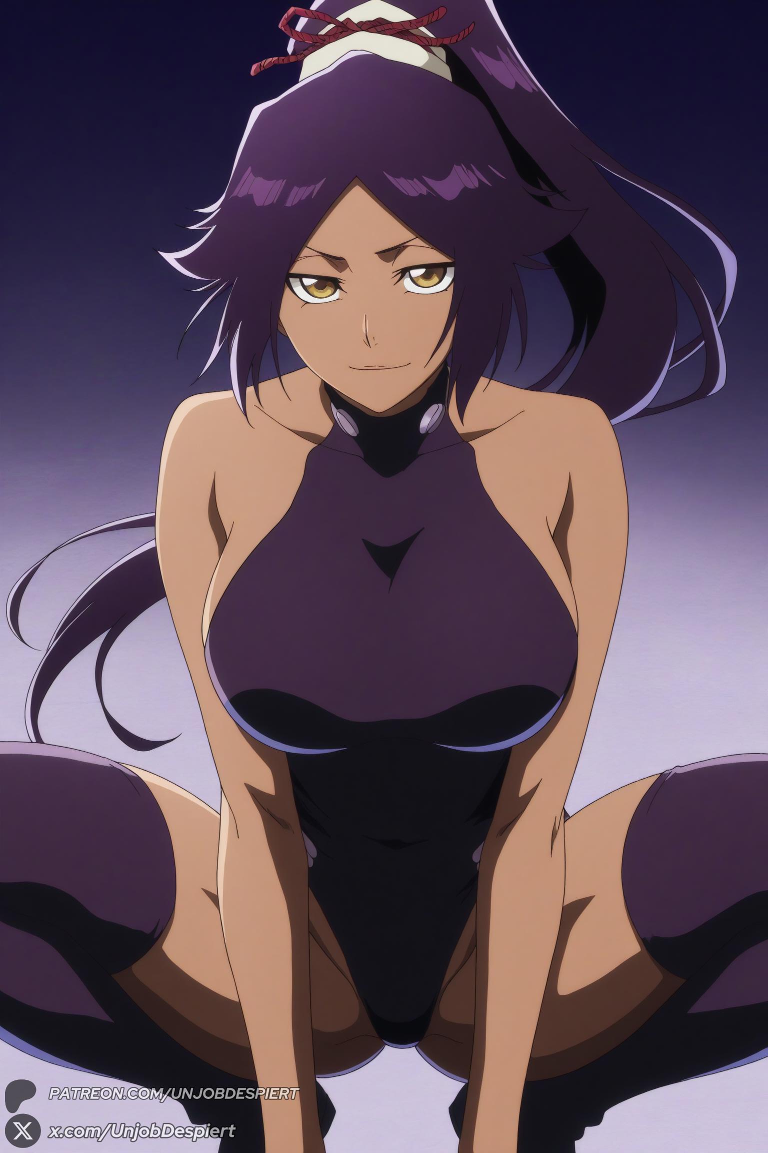1female, 1girl, 1girls, 2026, ai generated, artist name, bangs, bare shoulders, big ass, big breasts, black leotard, black thighhighs, bleach, bleach: the thousand-year blood war, breasts, closed mouth, collarbone, covered collarbone, covered navel, curvy, dark skin, dark-skinned female, female, female only, gradient, gradient background, hi res, high quality, high resolution, highleg, highleg leotard, highres, huge ass, huge breasts, large breasts, leotard, long hair, looking at viewer, parted bangs, patreon, patreon username, ponytail, purple hair, shihouin yoruichi, smile, solo, spread legs, squatting, thighhighs, thighs, unjobdespiert, watermark, yellow eyes, yoruichi shihouin