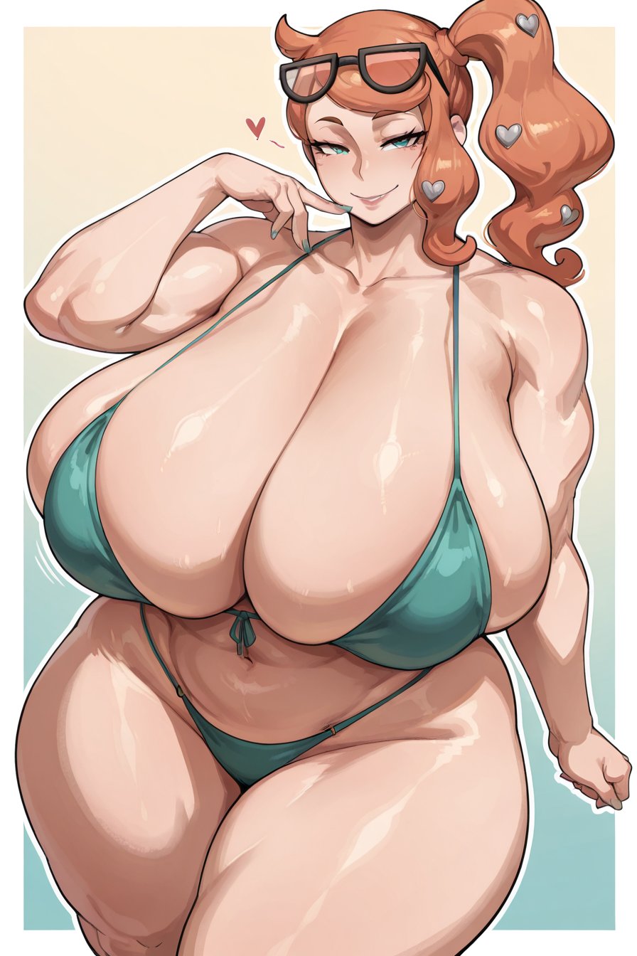 ai generated, bare thighs, bikini, breasts, breasts bigger than head, cyan eyes, female, game freak, gigantic breasts, glasses on head, huge breasts, huge thighs, light skin, light-skinned female, looking at viewer, massive breasts, mature female, nintendo, oiled body, oiled skin, orange hair, pokemon, pokemon ss, side ponytail, smiling, solo female, sonia (pokemon), squatting, sweat, sweatdrop, the milk man, thick body, thick female, thick thighs, thighs, thighs bigger than head, voluptuous, voluptuous female