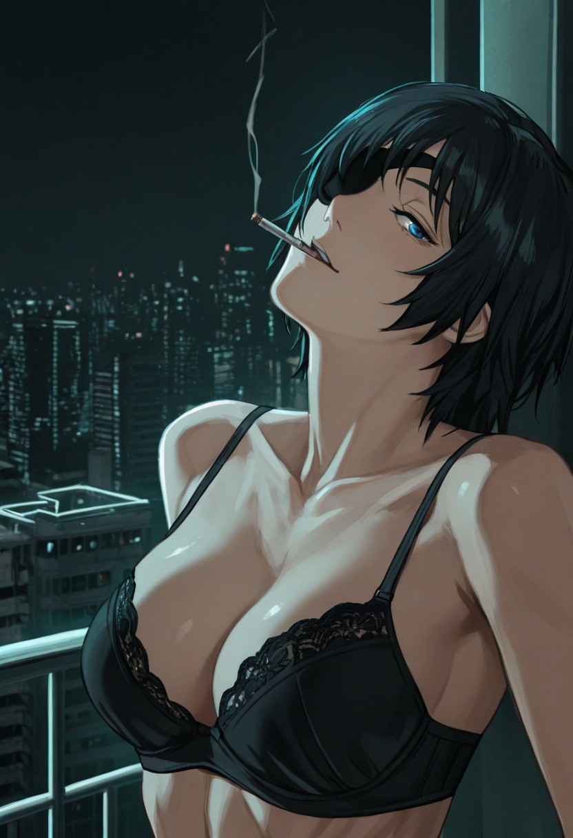 ai generated, balcony, bare shoulders, big breasts, black hair, blue eyes, bra, breasts, chainsaw man, cigarette, cigarette in mouth, city, city background, cleavage, dark hair, eye contact, eyepatch, female, female only, half naked, half-dressed, himeno (chainsaw man), large breasts, light skin, light-skinned female, lingerie, looking at viewer, nordinex5, outdoors, pale skin, pale-skinned female, perfect body, seductive, seductive body, seductive eyes, seductive look, seductive mouth, seductive pose, sensual, sexy, sexy pose, short hair, stable diffusion, toned female, upper body