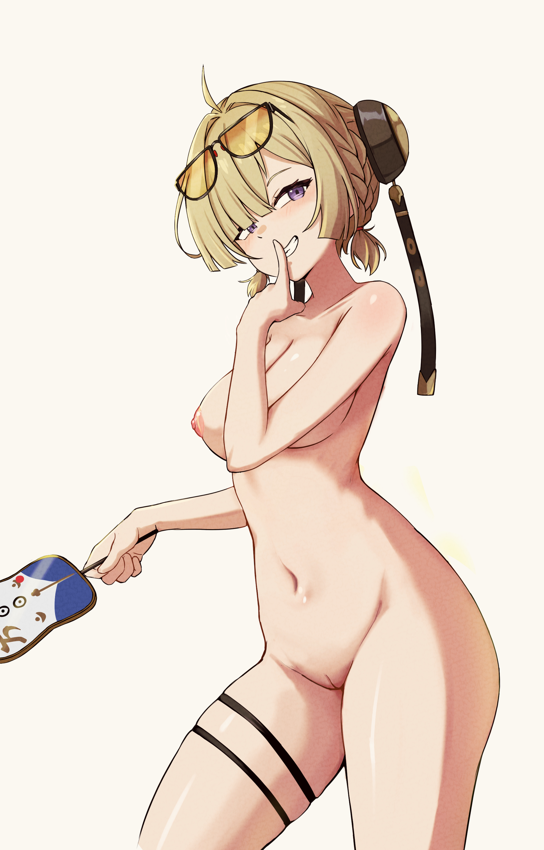 areolae, blonde hair, blush, braid, breasts, eyewear on head, female, hair ornament, hoyoverse, light skin, light-skinned female, mihoyo, nipples, nude, nude female, purple eyes, sunglasses on head, sweety (zenless zone zero), white background, zenless zone zero