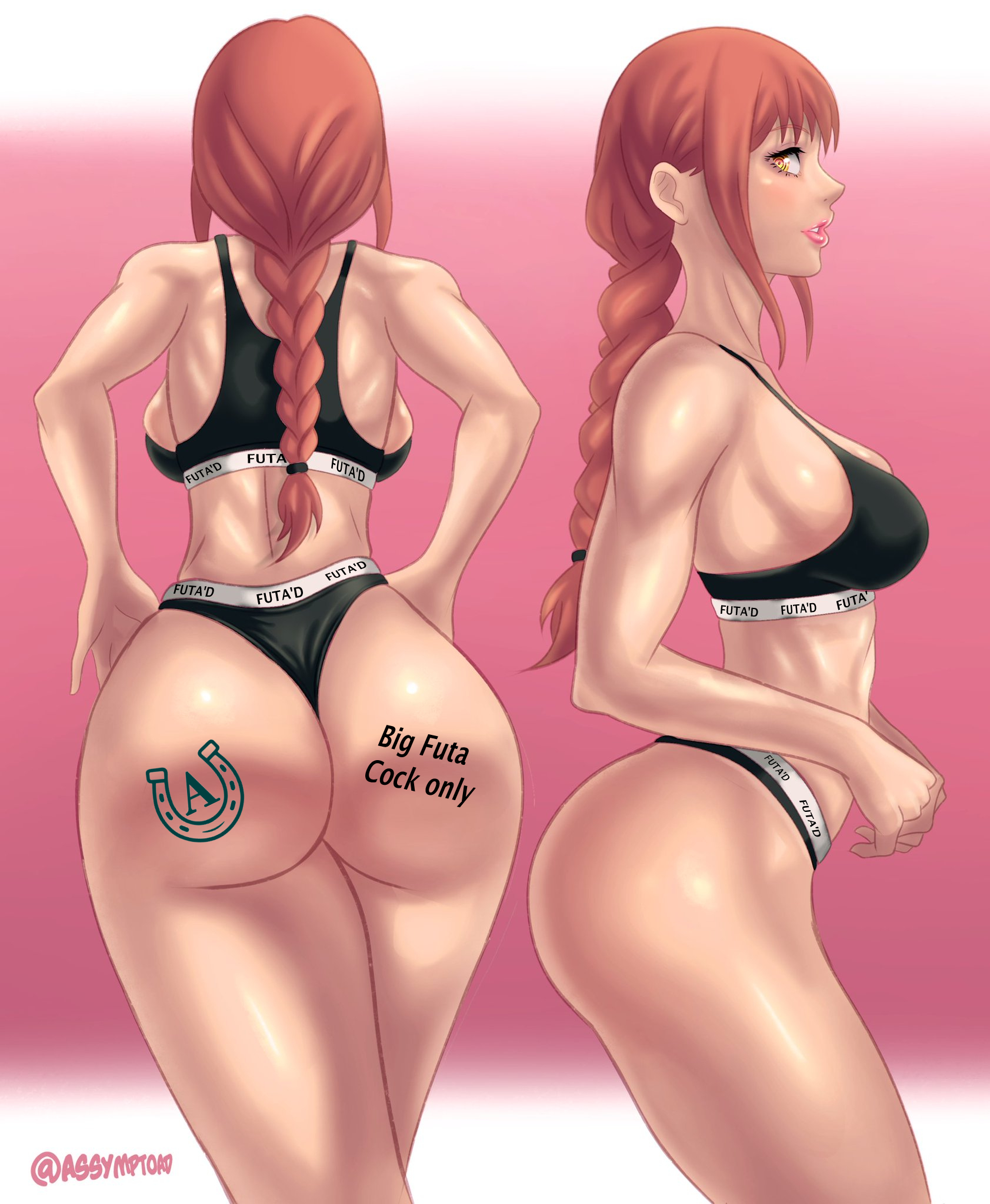 1girls, absurdres, ass, ass focus, assymptoad, athletic, athletic female, backboob, bare shoulders, black panties, black sports bra, braid, braided ponytail, branded, breasts, chainsaw man, cleavage, collarbone, edit, edited, female, female only, fit, fit female, futa exclusive, futa property, futa'd, futaed clothing, grin, highleg, highleg panties, highres, light skin, light-skinned female, long hair, looking at viewer, makima (chainsaw man), medium breasts, multiple views, navel, panties, profile, property of, property of futanari, property tattoo, queen of akeno, red hair, ringed eyes, sideboob, sidelocks, simple background, smile, solo, sports bra, tattoo, text on clothing, thick thighs, thighs, thong, toned, underwear, white background, wide hips, yellow eyes