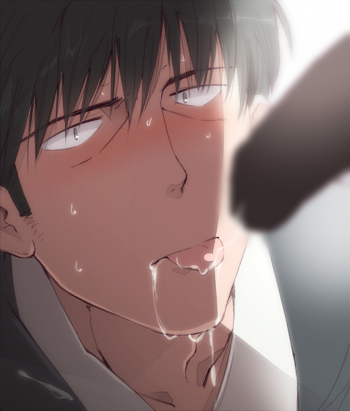 2boys bara blush drooling erection idolmaster idolmaster_cinderella_girls licking multiple_boys penis producer_(idolmaster) producer_(idolmaster_cinderella_girls_anime) saliva sweat tongue tongue_out yaoi