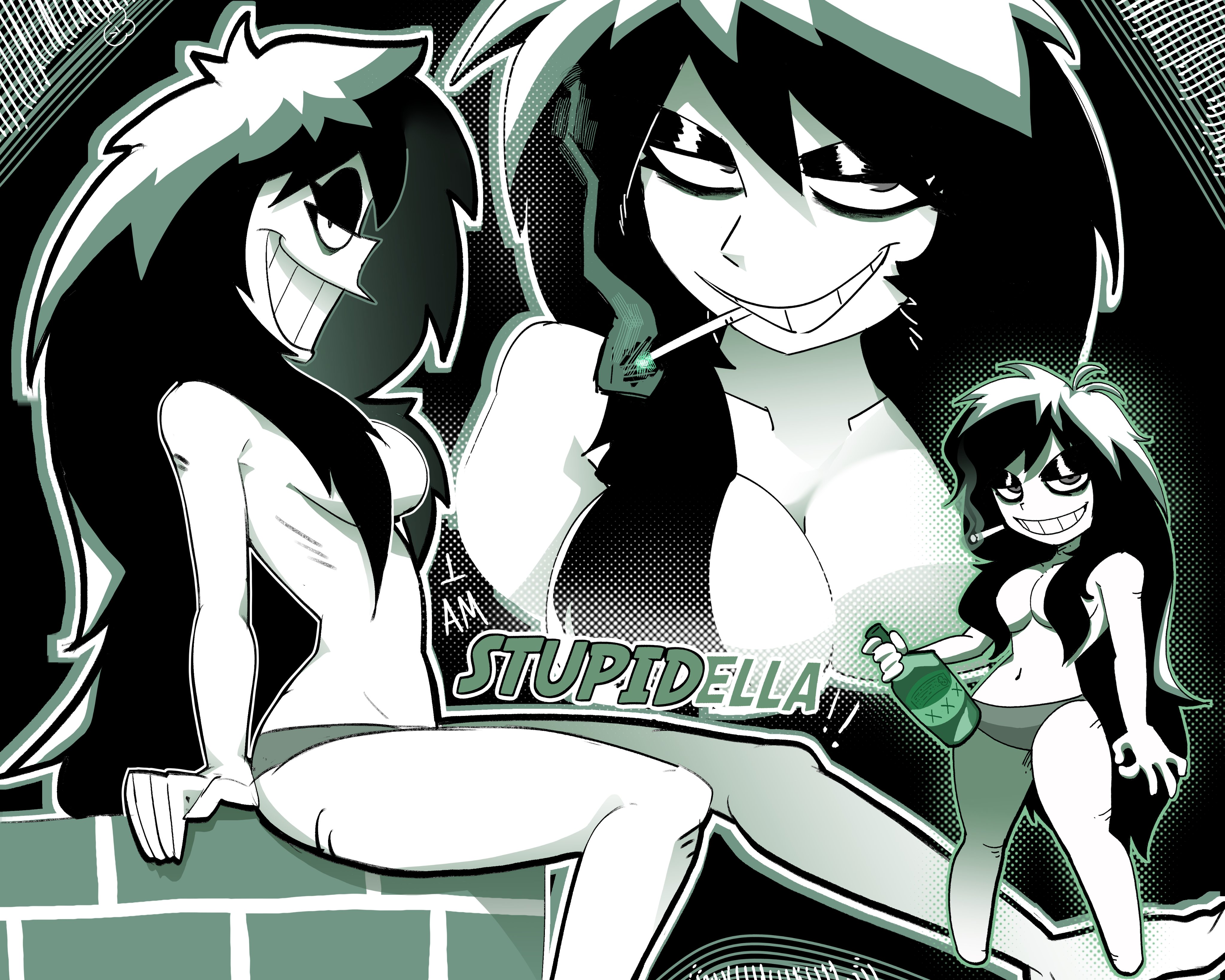 1girls, black hair, breasts, cigarette, female, green eyes, green panties, grin, hair over breasts, half naked, looking at viewer, messy hair, nabooo14, ok sign, pale-skinned female, panties, partially nude, skinny, skinny female, smiling, smoking, stupid, stupidella, stupidella (character), thick thighs