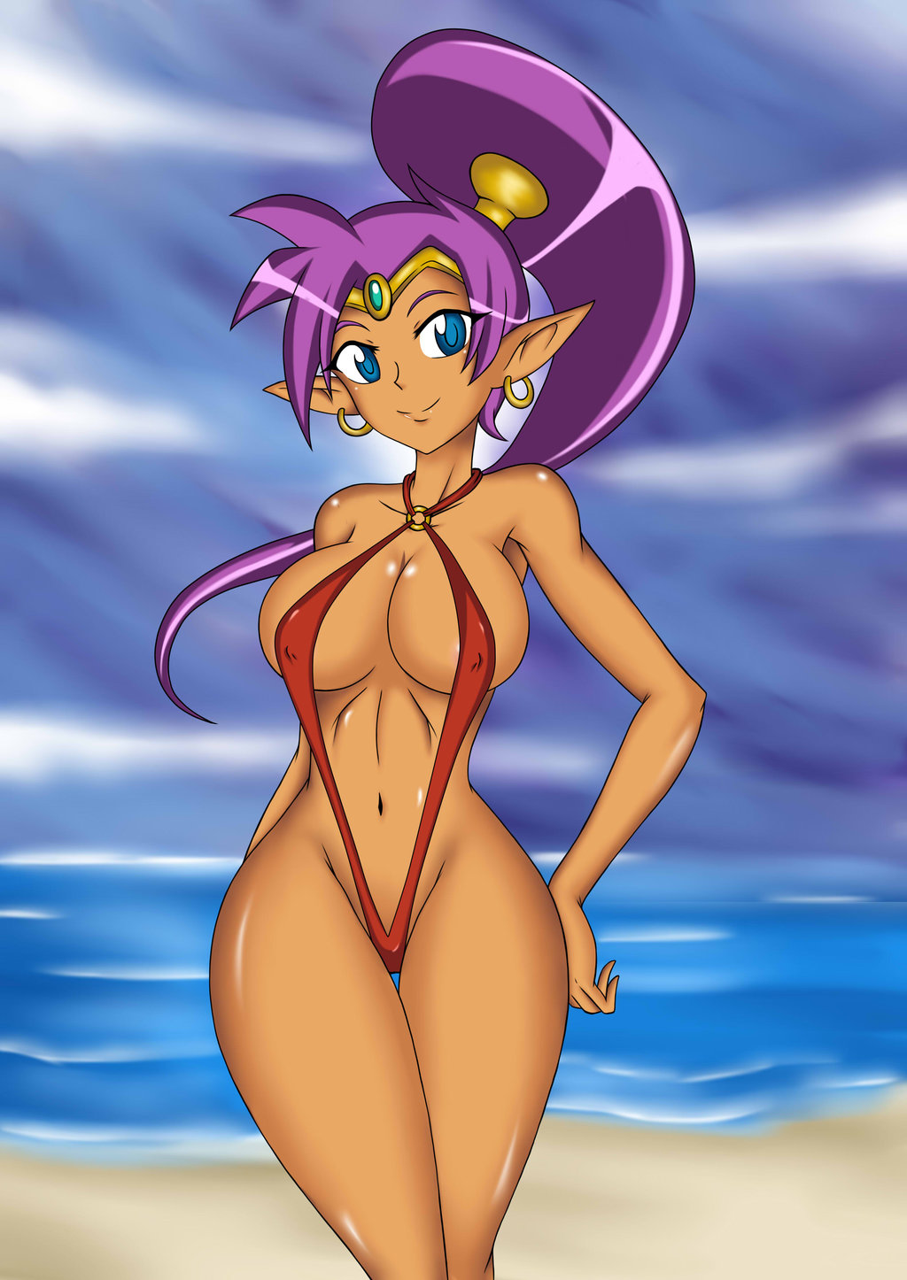 beach, big breasts, blue eyes, breasts, dark skin, dark-skinned female, earrings, female, koma-kun, long hair, ocean, outdoors, pointy ears, ponytail, purple hair, sand, shantae, shantae (character), sideboob, sling bikini, smile, smooth skin, solo, swimsuit, tied hair, water, wide hips