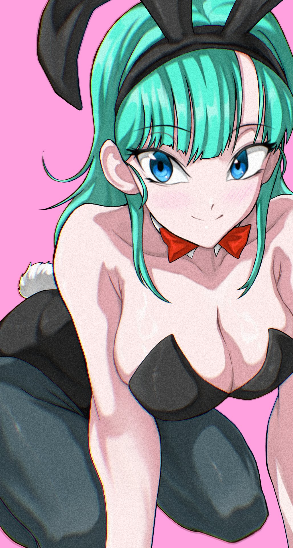 1girls, big breasts, blue eyes, blue hair, bowtie, breasts, bulma, bulma (bunny), bulma (dragon ball), bulma briefs, bulma briefs (dragon ball), bunny ears, bunny tail, busty, dragon ball, dragon ball (classic), dragon ball (series), female, female focus, female only, green hair, light skin, light-skinned female, pink background, playboy bunny, solo, solo female, solo focus, takundraws, teenage bulma