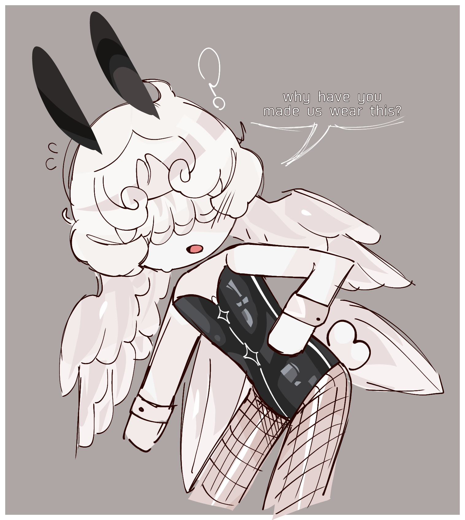 ?, angel, angel wings, blindfold, blush, blushing, bunny ears, bunny suit, bunny tail, bunnysuit, confused, cookie run, cookie run kingdom, doughael, fishnet, fishnet legwear, fishnets, flustered, genderless, grey background, head wings, headwear, liamai, light skin, nonbinary, unreadable text, white background, white body