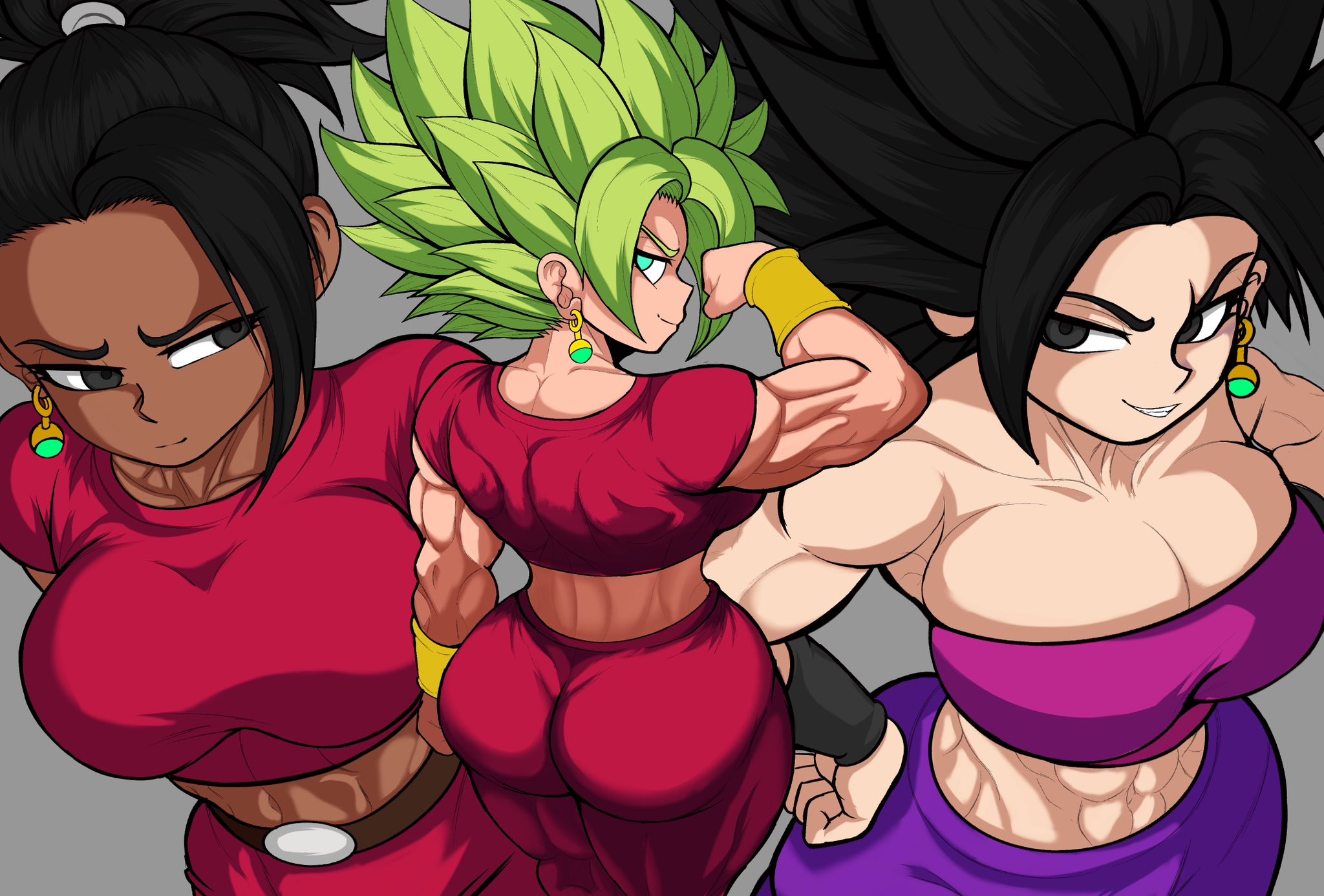 3girls, abs, ass, back view, big breasts, black hair, breasts, caulifla, cleavage, dragon ball, dragon ball super, female, female only, flexing, front view, fusion, green , green hair, huge breasts, kale, kefla, kefla (dragon ball), kwalker1009, large breasts, large tits, leggings, multiple females, multiple girls, muscles, muscular, muscular arms, muscular body, muscular female, muscular legs, muscular thighs, nervous, shounen jump, smirk, spiky hair, super saiyan, tagme, thick ass, tubetop
