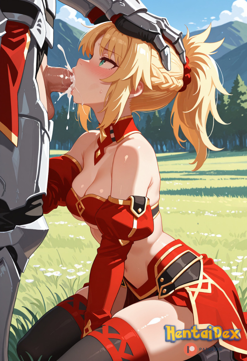 1boy, 1girls, ai generated, blowjob, blush, cum, fate (series), fate/apocrypha, fate/grand order, fellatio, female, hentaidex, kneeling, male, meadow, mordred (fate), patreon, patreon username, penis