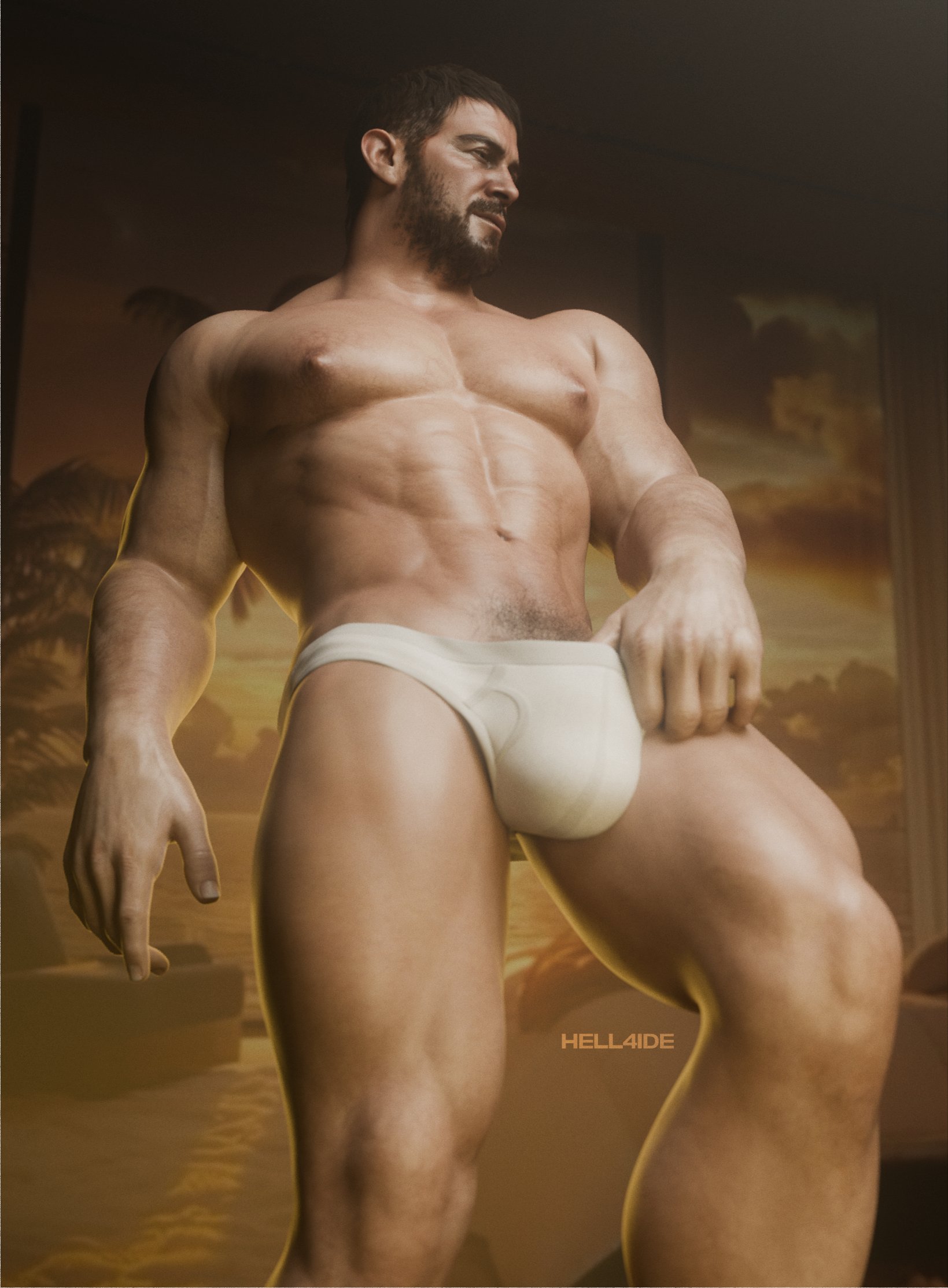 1boy, 1male, beard, big pecs, big pectorals, black hair, bulge, bulge in underwear, bulge under clothes, bulging, bulging penis, chris redfield, daddy, dilf, erect nipples, gay, hell4ide, male, male focus, male only, muscles, muscular, muscular male, nipples, pecs, pectorals, penis, pubic hair, resident evil, resident evil 8: village, solo, solo focus, solo male, underwear, underwear only, veiny arms, white underwear