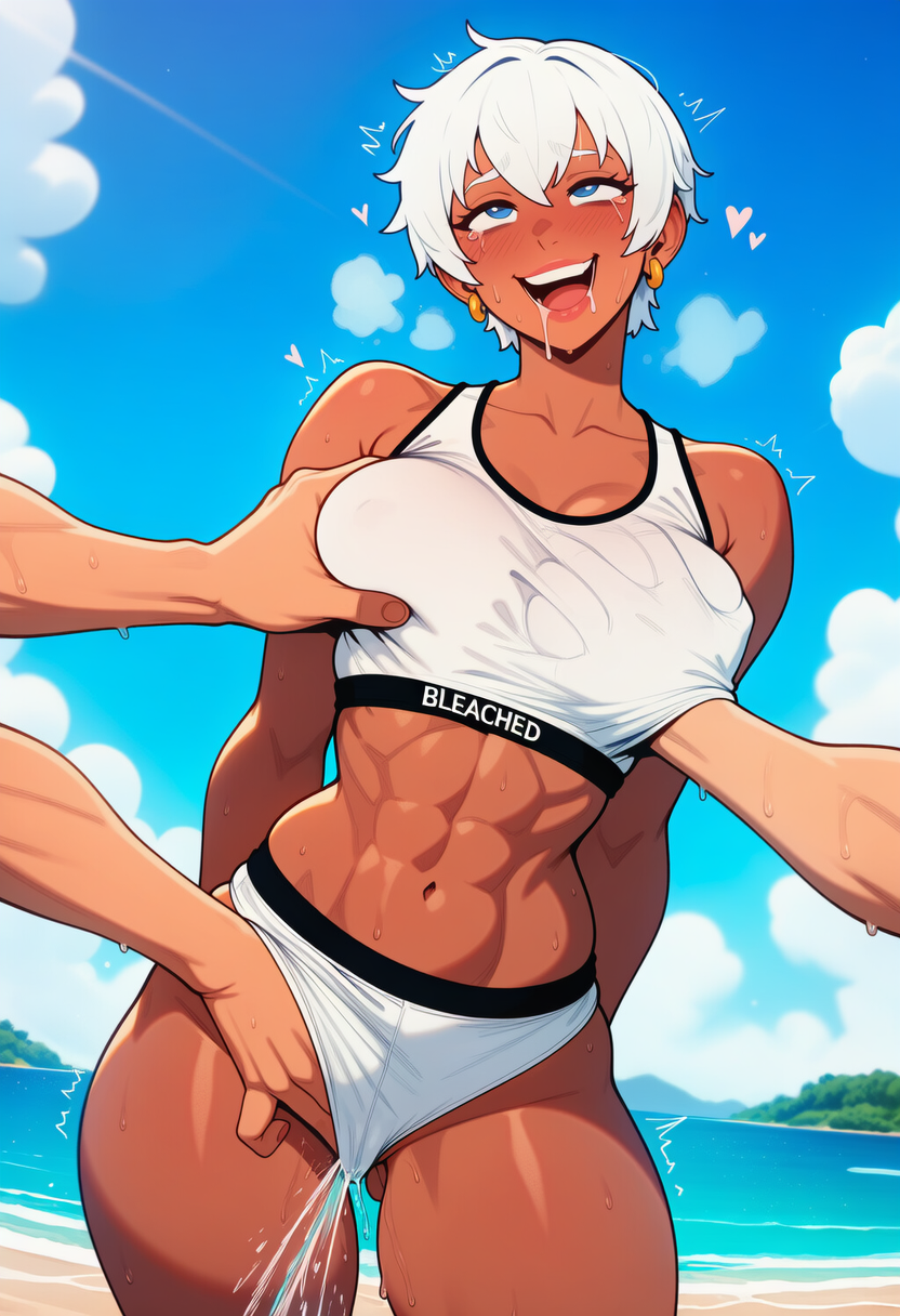 ai generated, beach, bikini, bleached, bleached clothing, crying, elena (street fighter), female, fingering, fondling breast, male, pleasure face, questionable consent, squirting, street fighter, sunny, touching