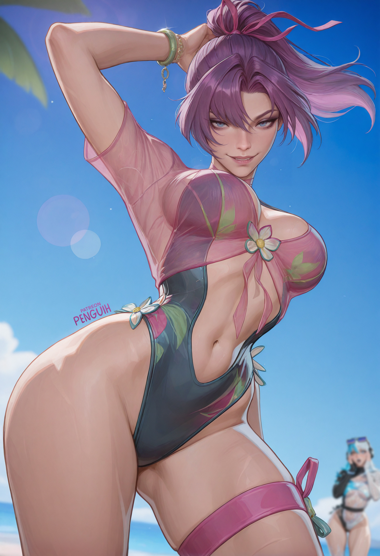 2girls, ai generated, arm up, beach, bikini, blue hair, blue lipstick, blue sky, breasts, busty, cleavage, curvy, dutch angle, female, leaning forward, light skin, light-skinned female, looking at viewer, luna snow, luna snow (cool summer), luna snow (marvel rivals), marvel, marvel comics, marvel rivals, medium breasts, narrow waist, official alternate costume, one-piece swimsuit, patreon username, penguih, psylocke, psylocke (sai) (breezy butterfly), purple hair, shocked, slim waist, smile, smirk, solo focus, standing, sunglasses on head, swimsuit, thick thighs, thigh strap, waves, wet clothing, white hair, white nails, wide hips, x-men