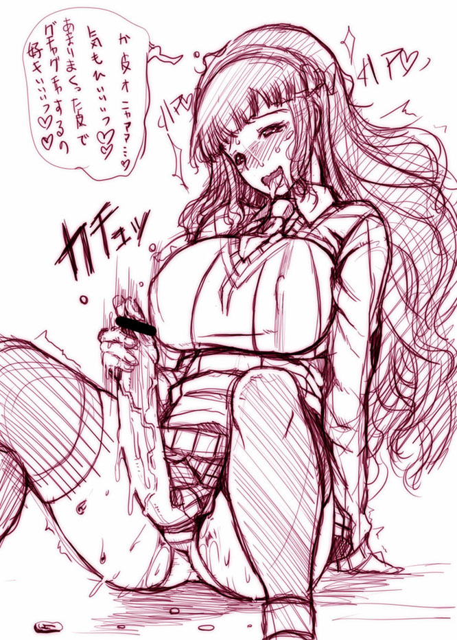 blush foreskin futanari intersex long_hair monochrome red-rum solo_futa sweat tomoe_hanagasa