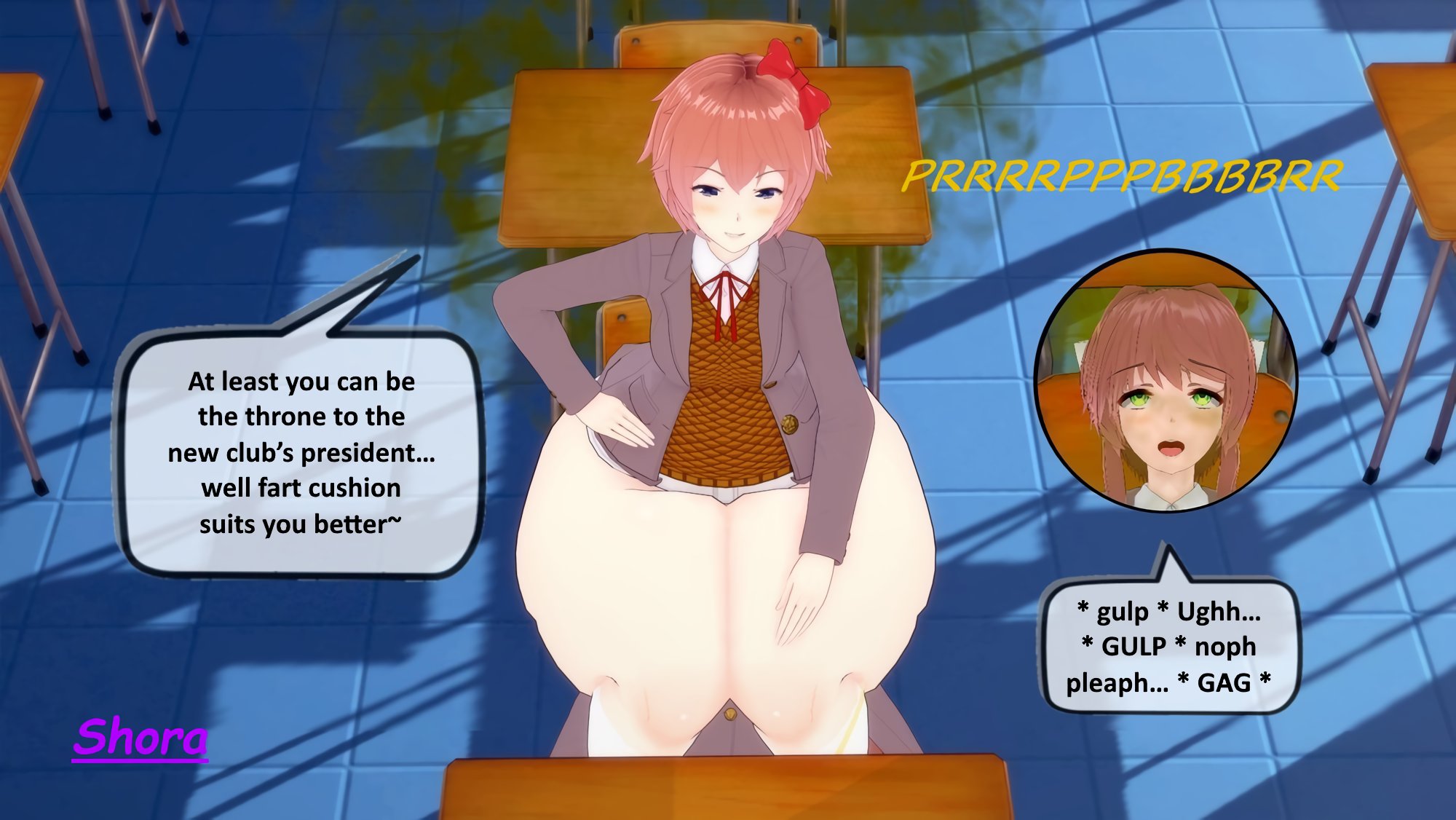 2girls, ass, big ass, big butt, degradation, disgusted, doki doki literature club, dominant, domination, eating farts, facesitting, fart, fart cloud, fart fetish, fart in mouth, fart torture, farting, farting in face, farting in mouth, farting on another, farting on face, fat ass, feeding farts, female, female only, female/female, gagging, gulp, gulping, huge ass, huge butt, human chair, humiliation, monika (doki doki literature club), mouth fart, punishment, sayori (doki doki literature club), shora gasniffa, sitting on face, stinky fart, suffering, swallowing, swallowing fart, thick thighs, used as an object