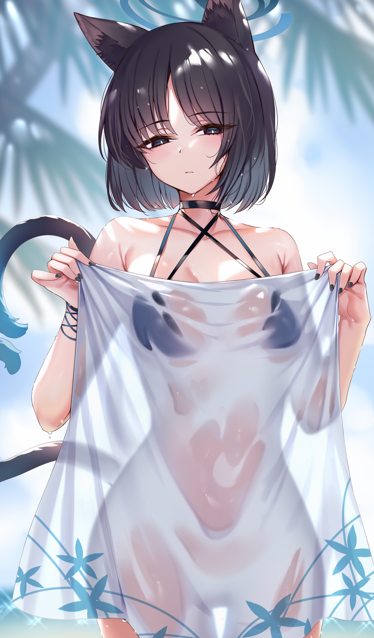 bikini, blue archive, bottomless, cat ears, cat girl, cat tail, catgirl, covering, female, kikyou (blue archive), kikyou (swimsuit) (blue archive), no panties, towel, xephyrks